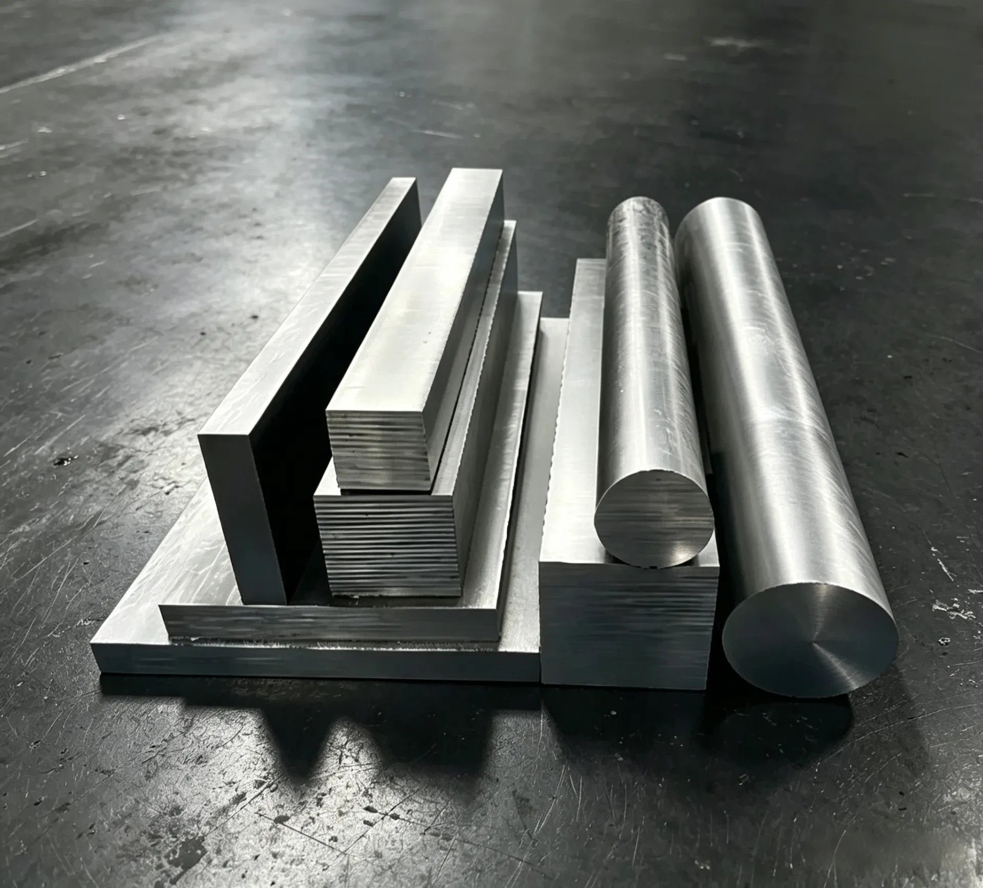 Flat bars, round bars, and square bars arranged side by side.