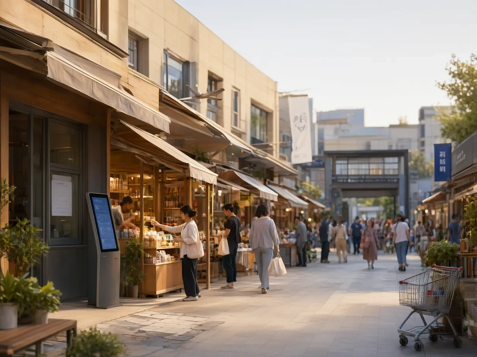 现代化商圈集市全景,各门店有序经营