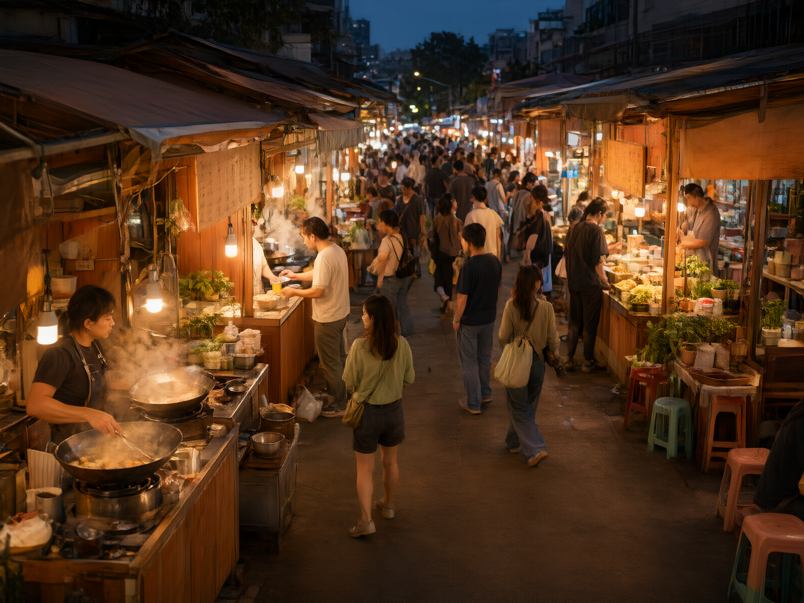繁忙的商业街区夜景,多个摊位灯火通明,顾客穿梭其中