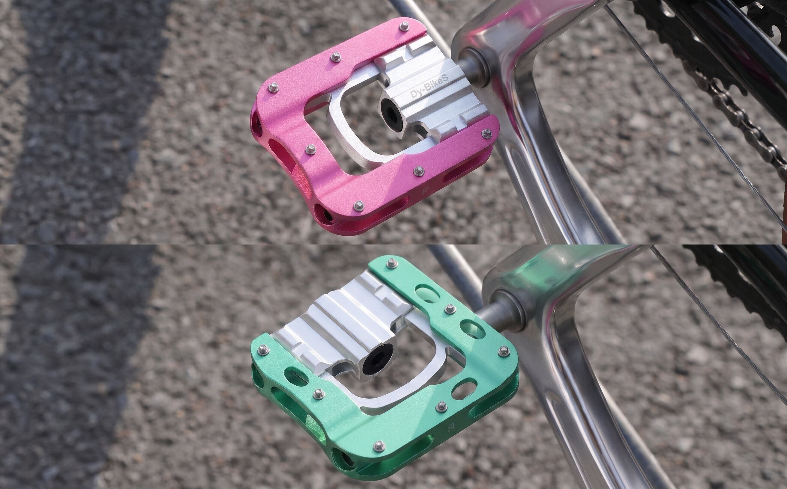 Dy·BikeS 折叠脚踏粉色绿色双色对比装车效果图