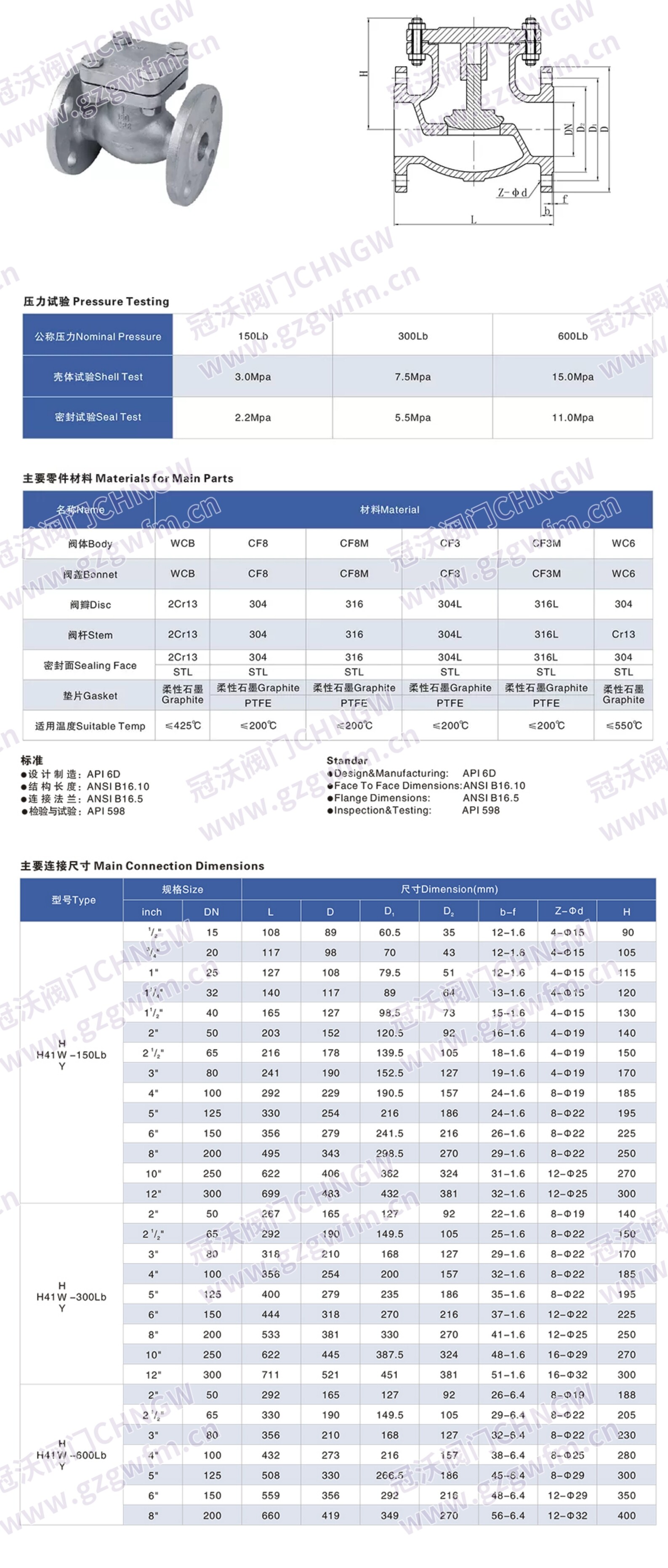 美标法兰升降式止回阀 美标升降单向阀 美标升降逆止阀 API 升降式止回阀 技术参数