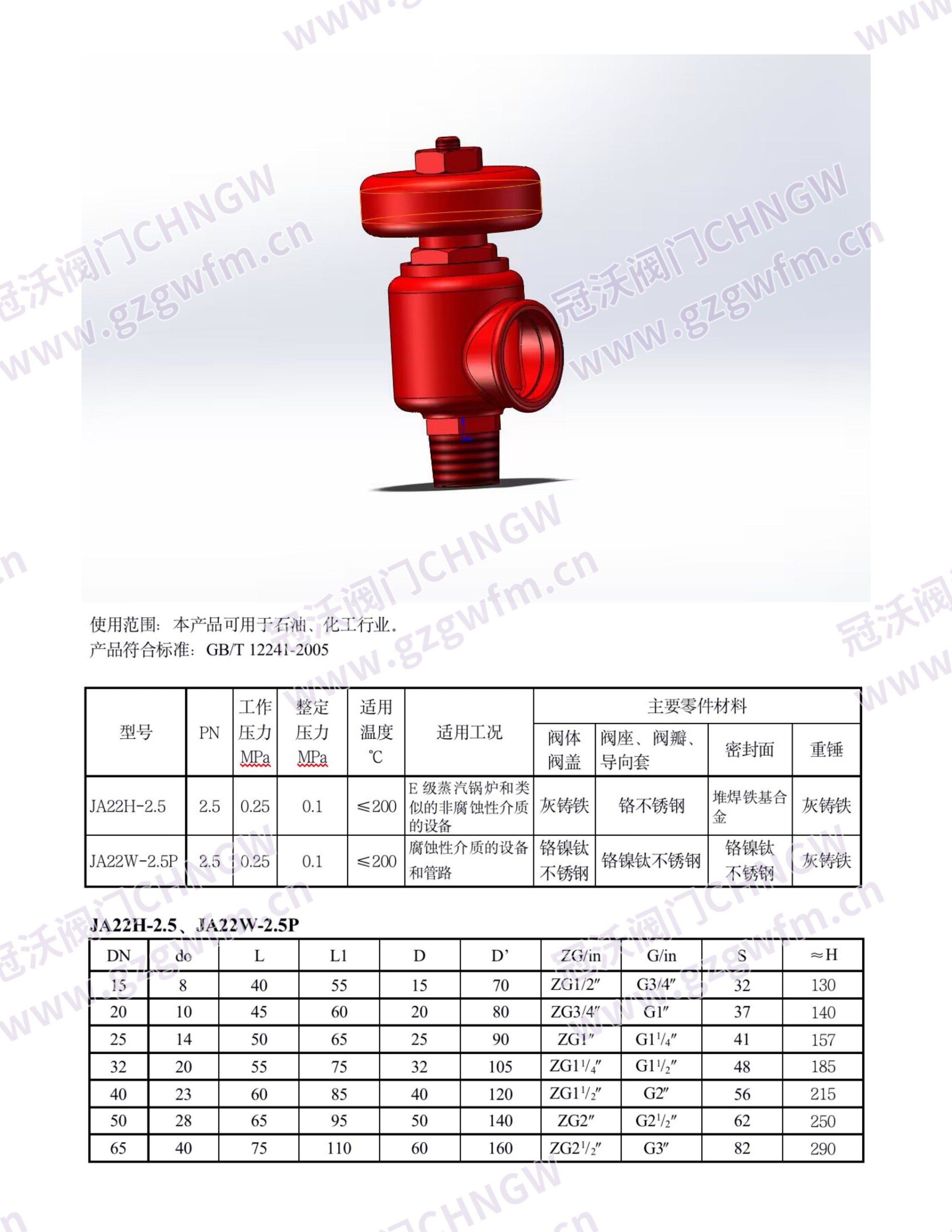 JA22H-2.5 JA22W-2.5P 静重式安全阀 外螺纹全启式微压锅炉安全阀 技术参数