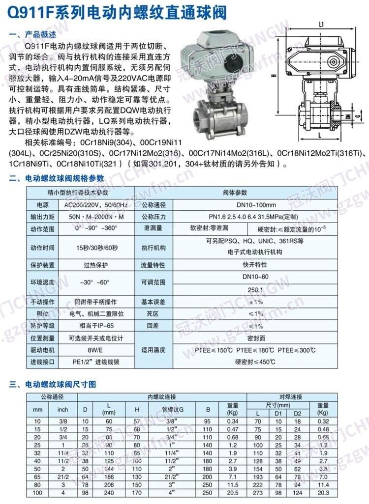 二片式电动球阀 Q911F-10/16P不锈钢两片式螺纹防爆电动球阀切断阀 技术参数