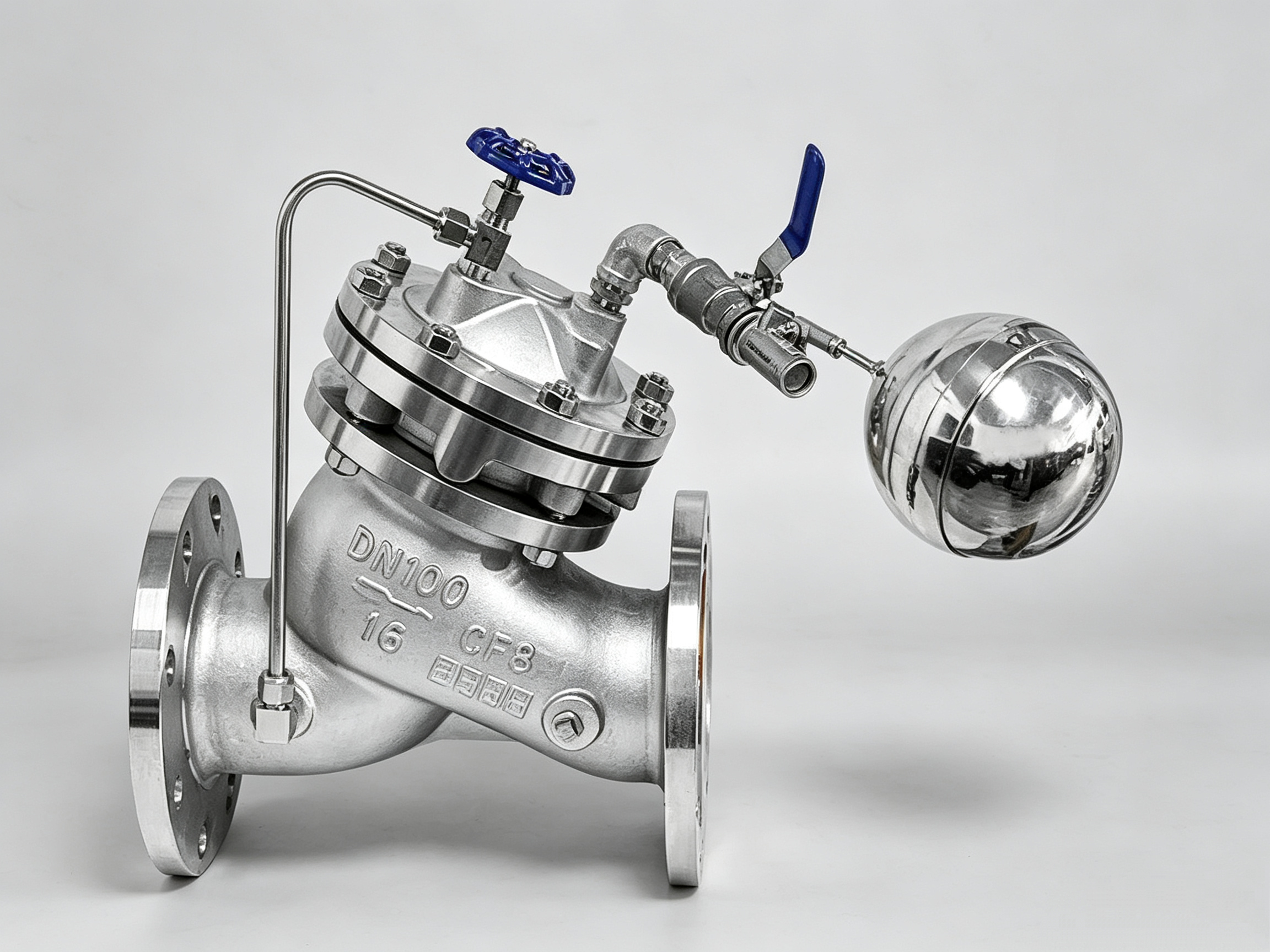 Model 745X Stainless Steel Remote Control Float Valve (Model 745X-16P Stainless Steel Diaphragm Remote Control Float Valve), also known as stainless steel hydraulic float valve for water tank, pool water level control valve, automatic refill valve for water tower and hydraulic remote control float valve
