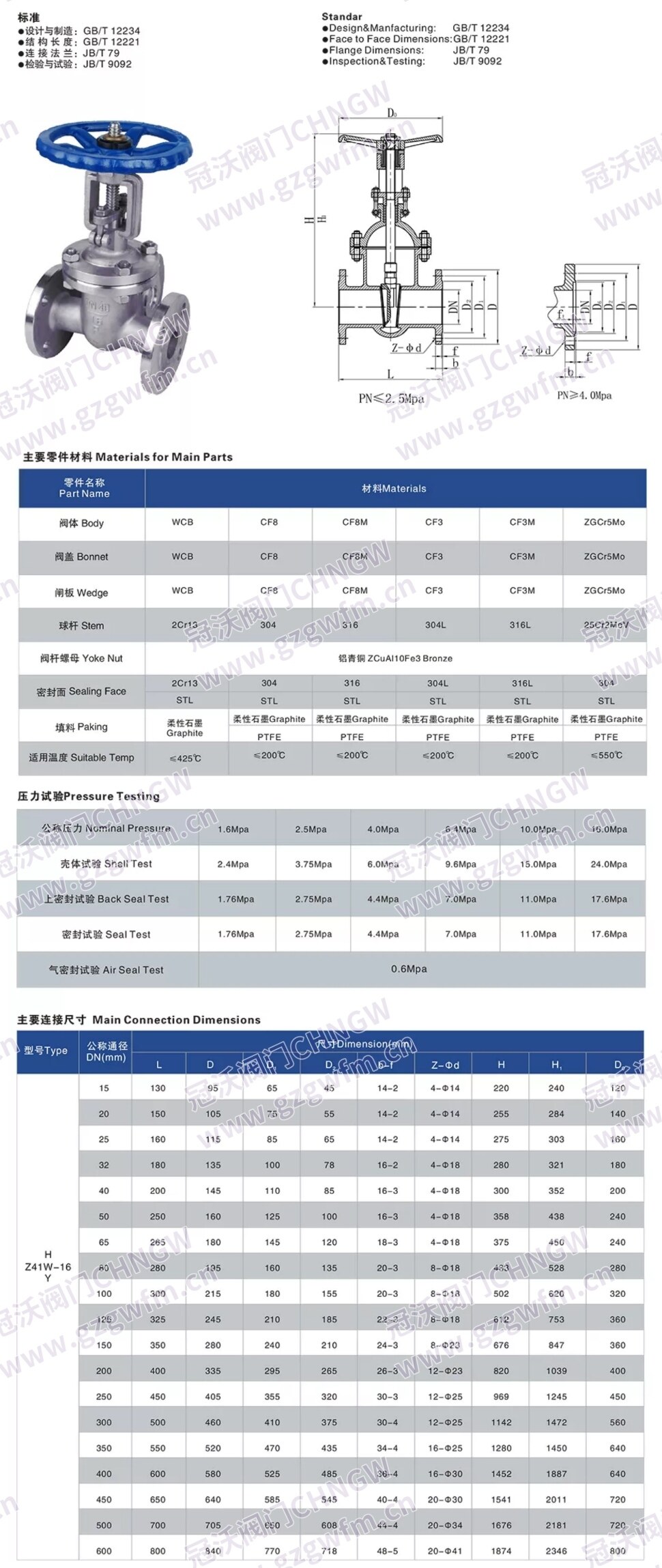 Z41W‑16P 不锈钢明杆法兰硬密封闸阀 304 不锈钢法兰闸阀 CF8 不锈钢楔式闸阀 耐腐蚀明杆法兰闸阀 Z41W‑16R 316L 法兰闸阀 技术参数