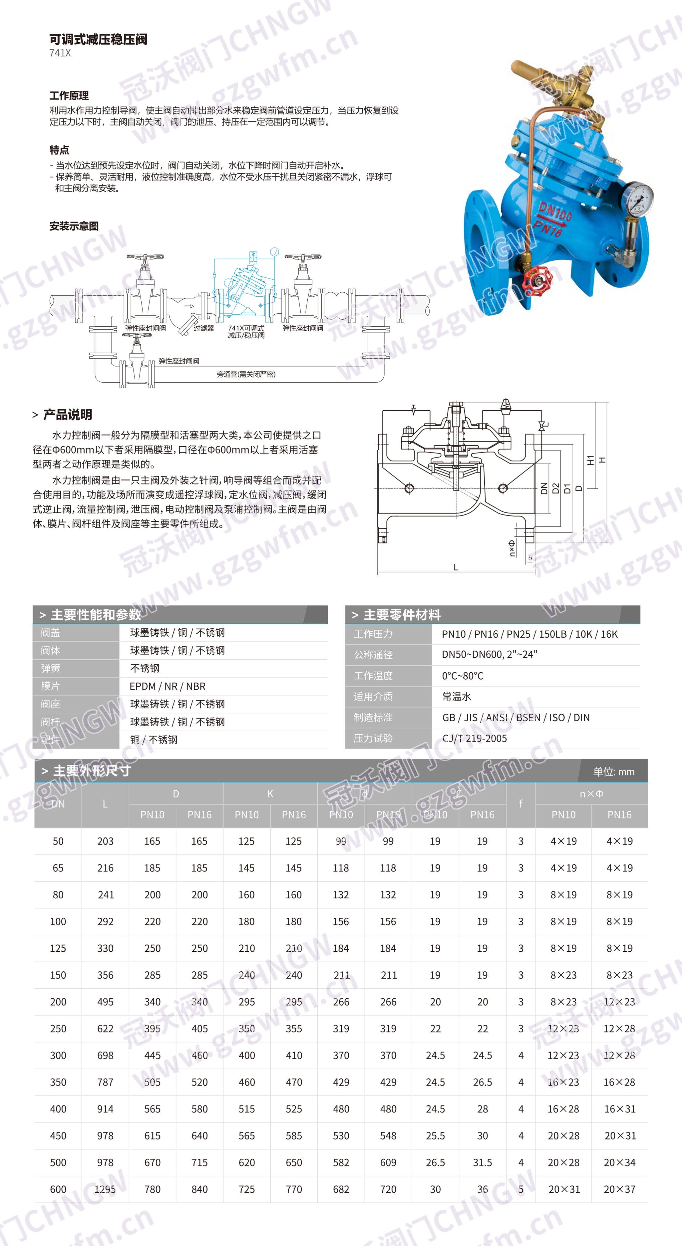 Model 741X Adjustable Pressure Reducing & Stabilizing Valve, also known as 741X pressure reducing & stabilizing valve, hydraulic adjustable pressure reducing valve, tap water pressure stabilizing valve, pipeline pressure stabilizing reducing valve and pilot operated pressure reducing & stabilizing valve Technical Specifications