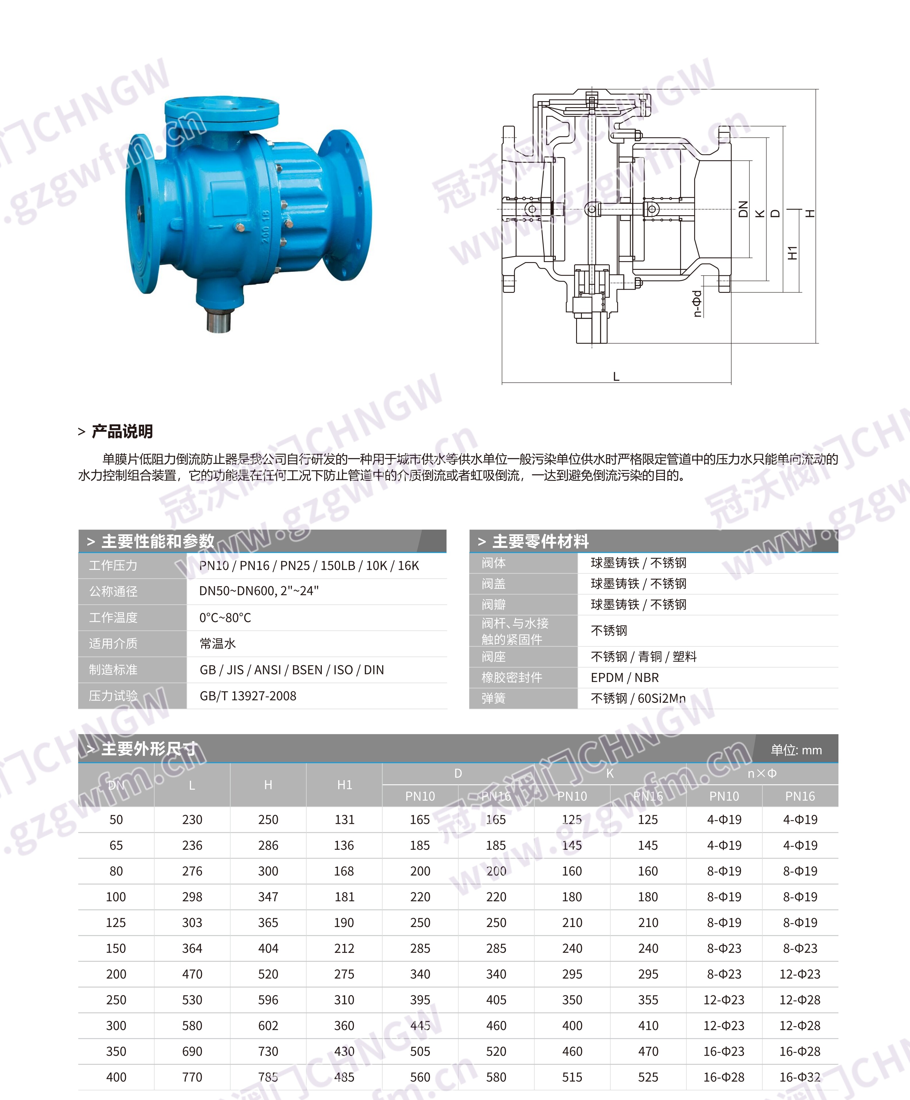 Model LHS-741X & LHS743X Low-resistance Backflow Preventer, also known as direct flow low-resistance backflow preventer, anti-backflow pollution check valve, anti-pollution isolation valve and pipeline backflow prevention device Technical Specifications