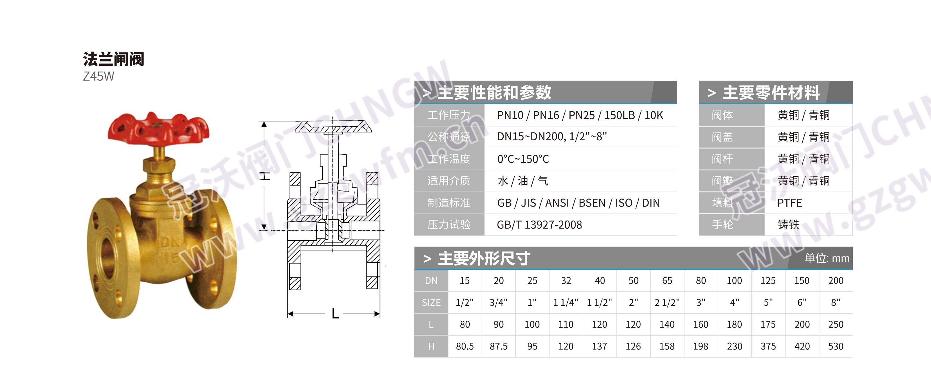 Z45W-16T黄铜法兰闸阀 暗杆法兰黄铜闸阀 供水市政管道大口径法兰黄铜闸阀 技术参数