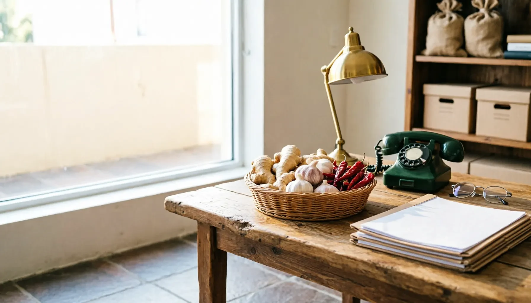 Export trade office desk with a basket of fresh ginger, garlic and dried chili beside blank shipping documents and a telephone