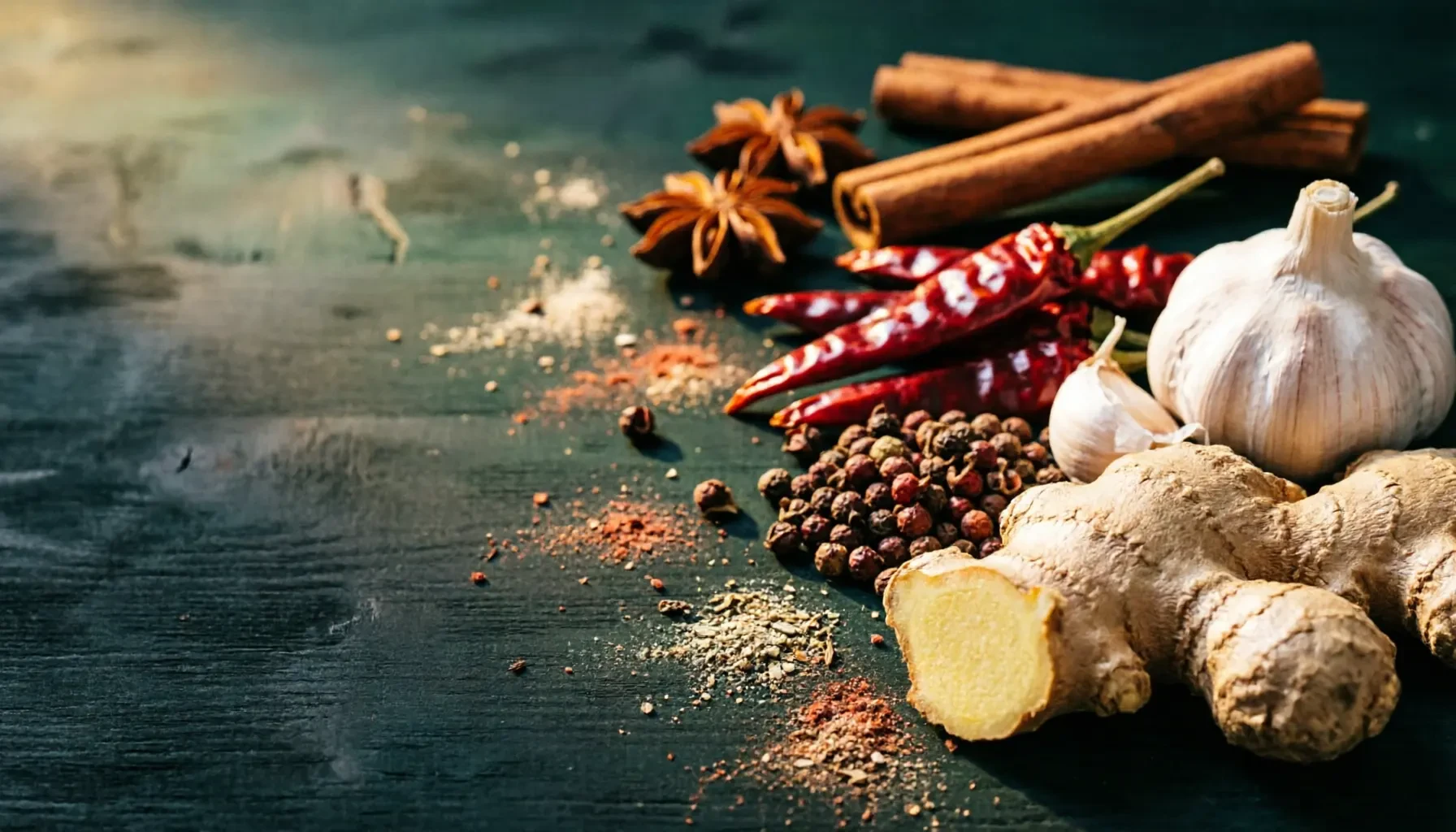 Fresh ginger, garlic, dried chili, Sichuan pepper, star anise and cinnamon arranged on a dark textured surface