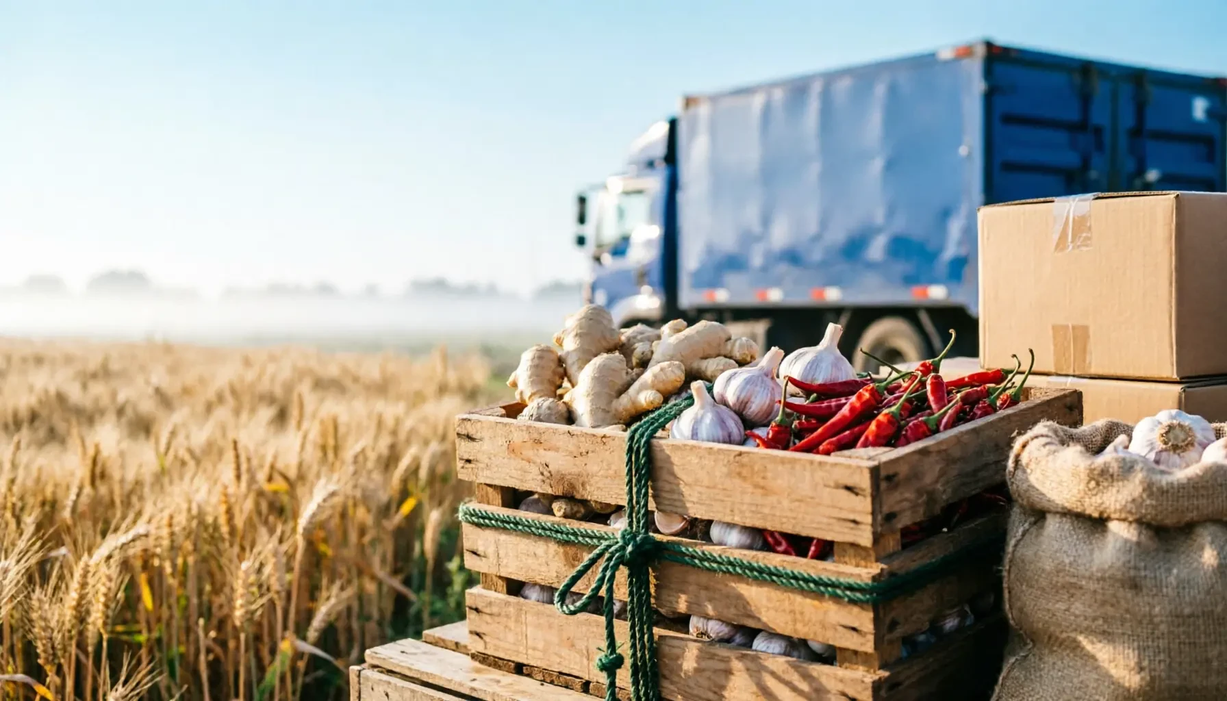 Fresh ginger, garlic and dried chili packed in export crates beside a truck at a harvest-season packing yard