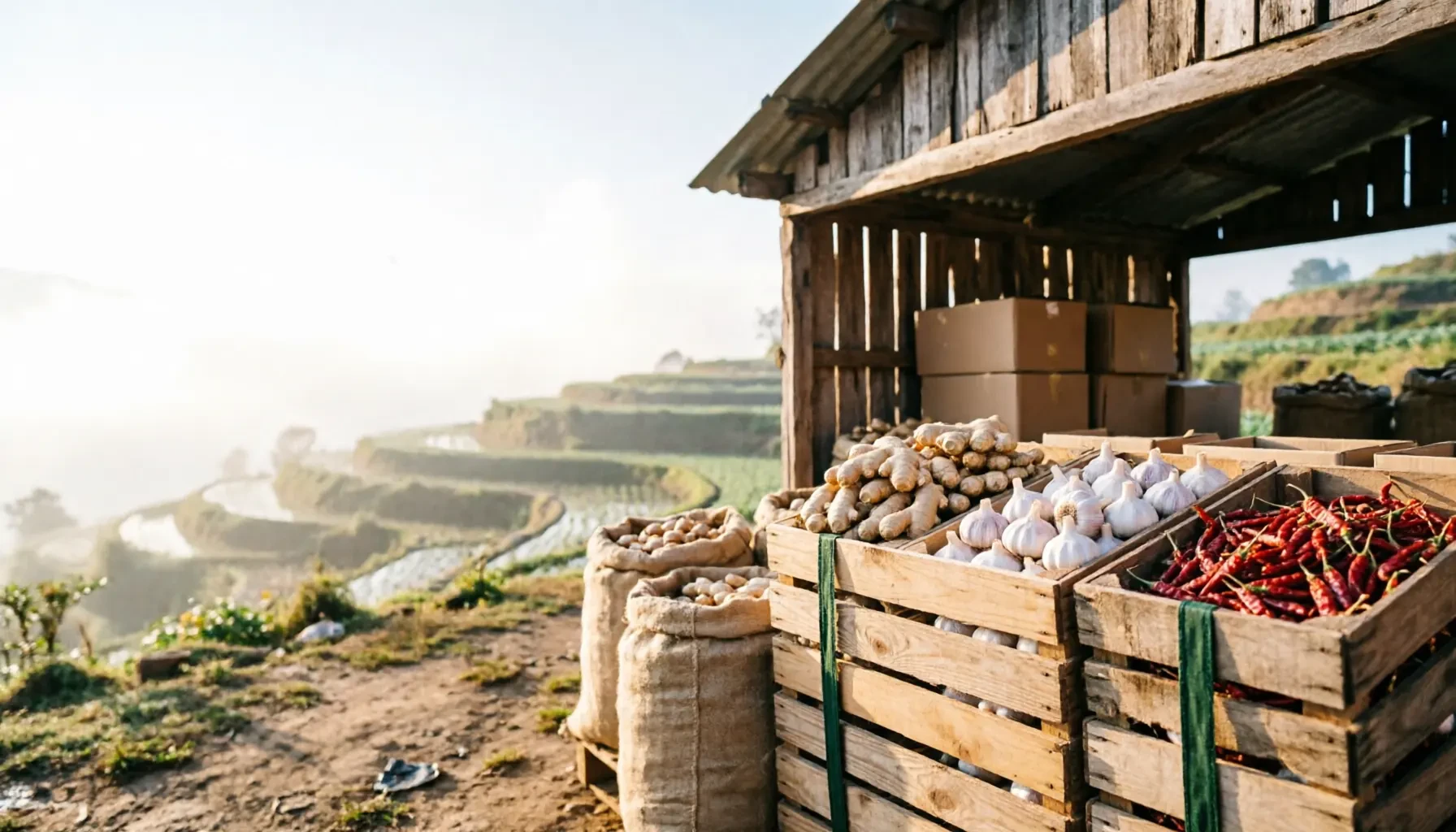 Terraced hillside farm at harvest with wooden crates and jute sacks of fresh ginger, garlic and dried chili