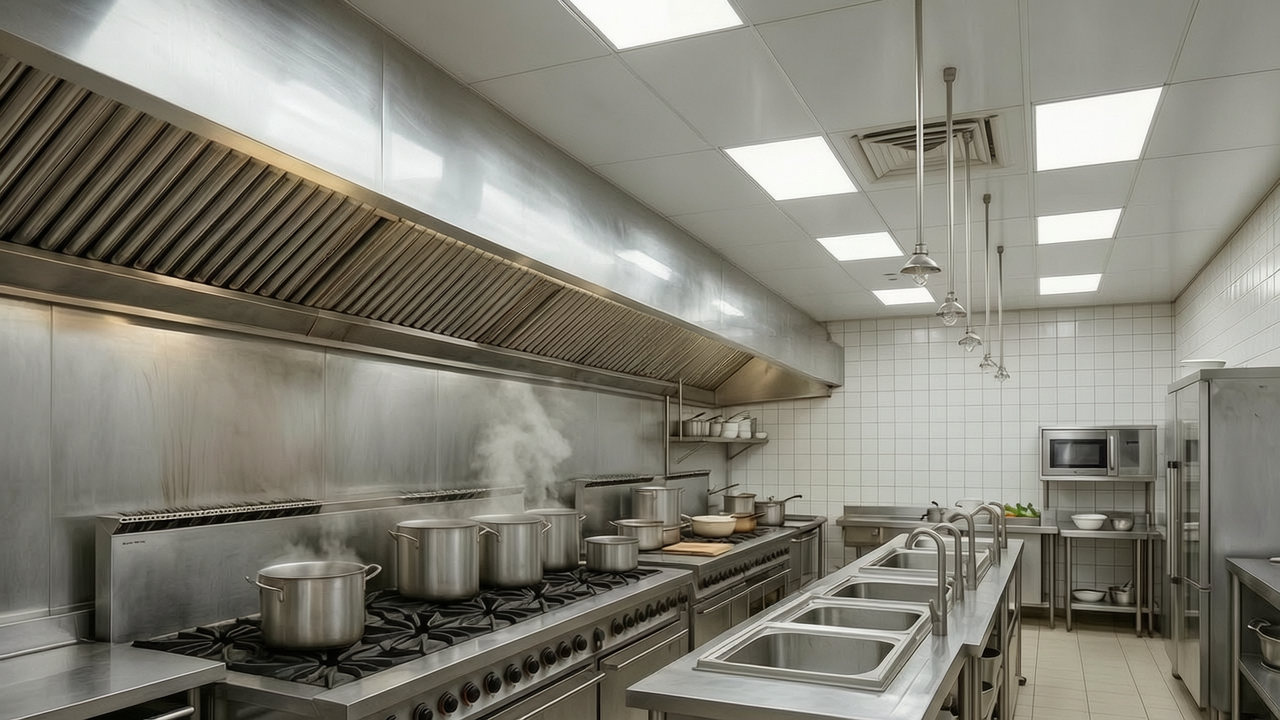 Professional cleaning team servicing commercial kitchen grease ducts.