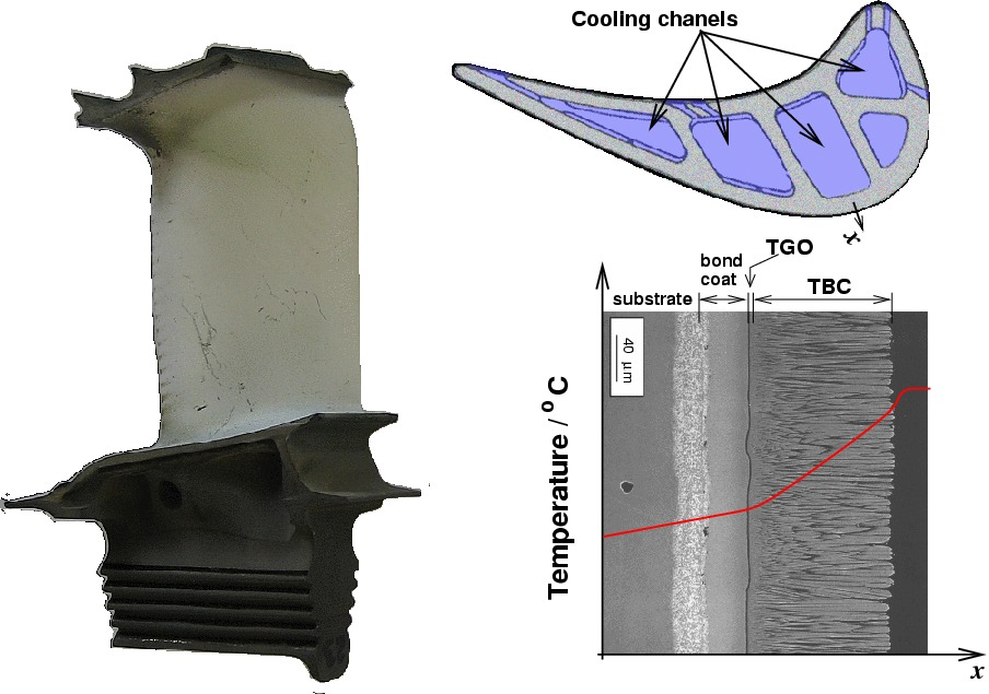 Typical temperature gradient in aero-engine TBC layered structure and internal blade cooling