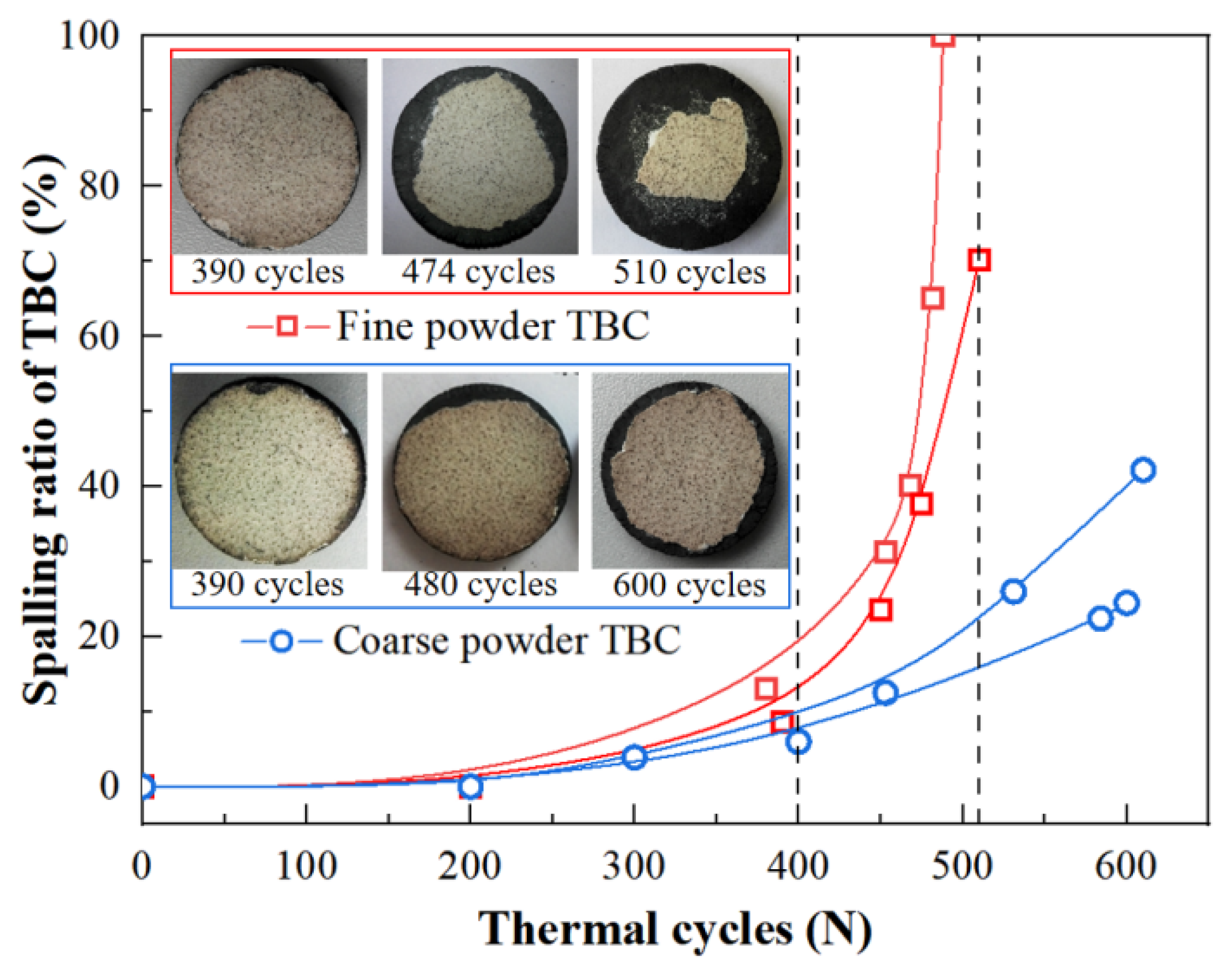 Example of spalled area evolution in YSZ thermal barrier coatings after repeated thermal shock