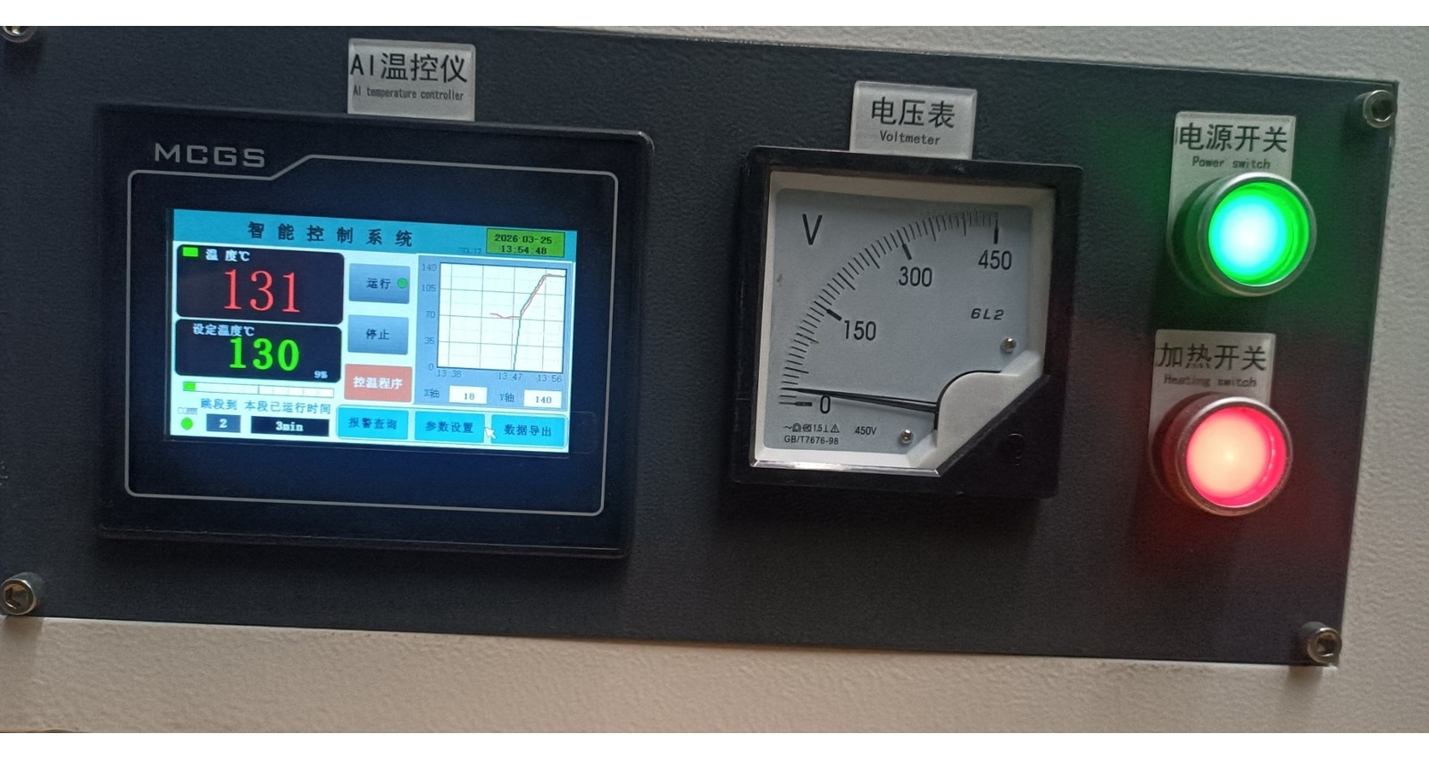 Touchscreen Temperature Control Interface, Voltage Display, and Heating Control Panel