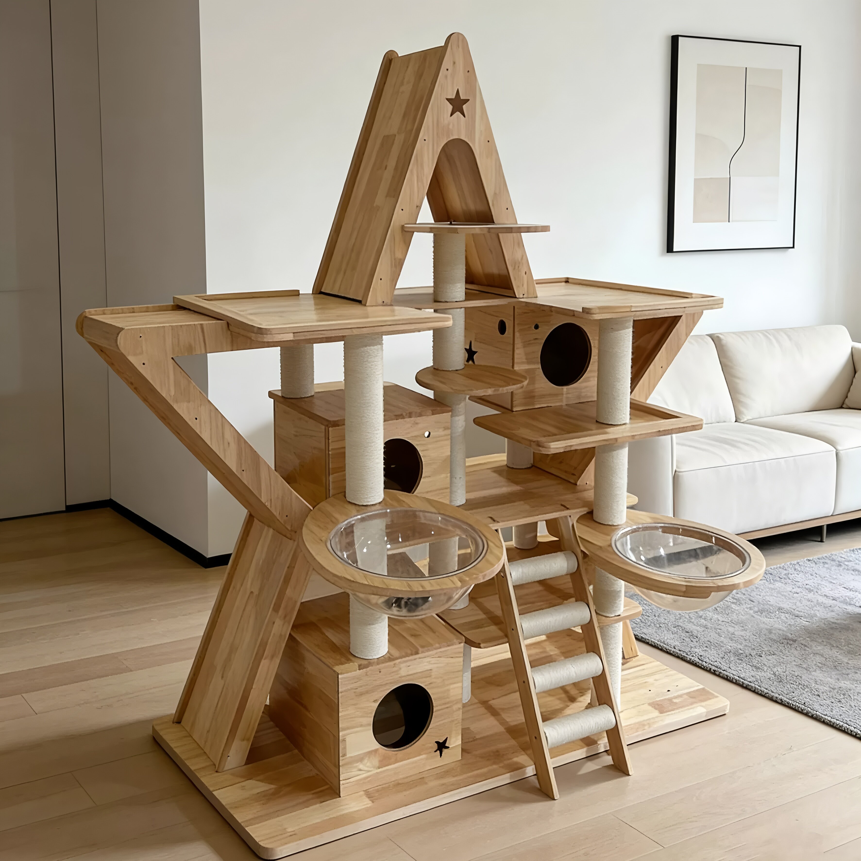 Solid Wood Cat Tree with Rope Bridge