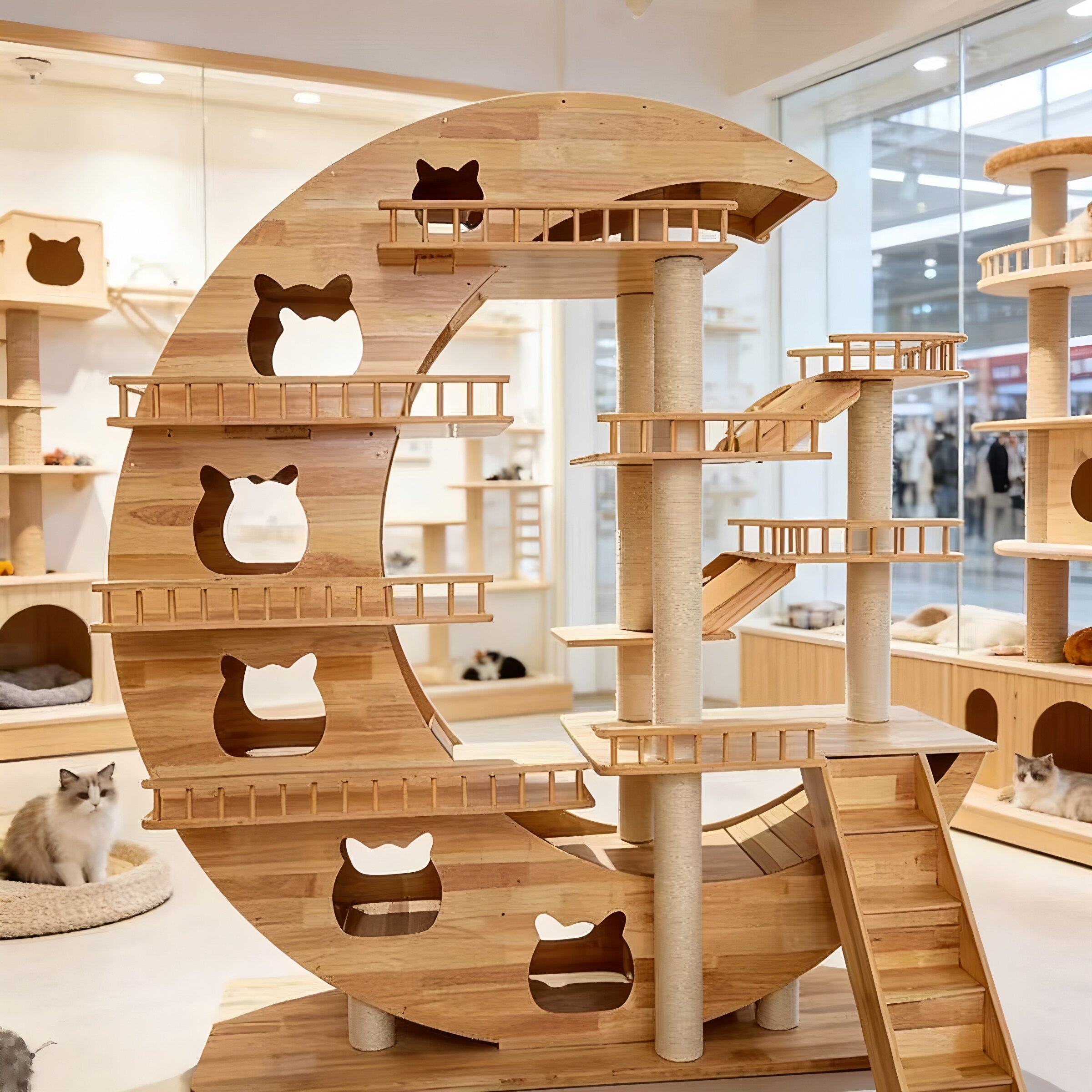 Solid Wood Cat Tree with Hanging Bridge