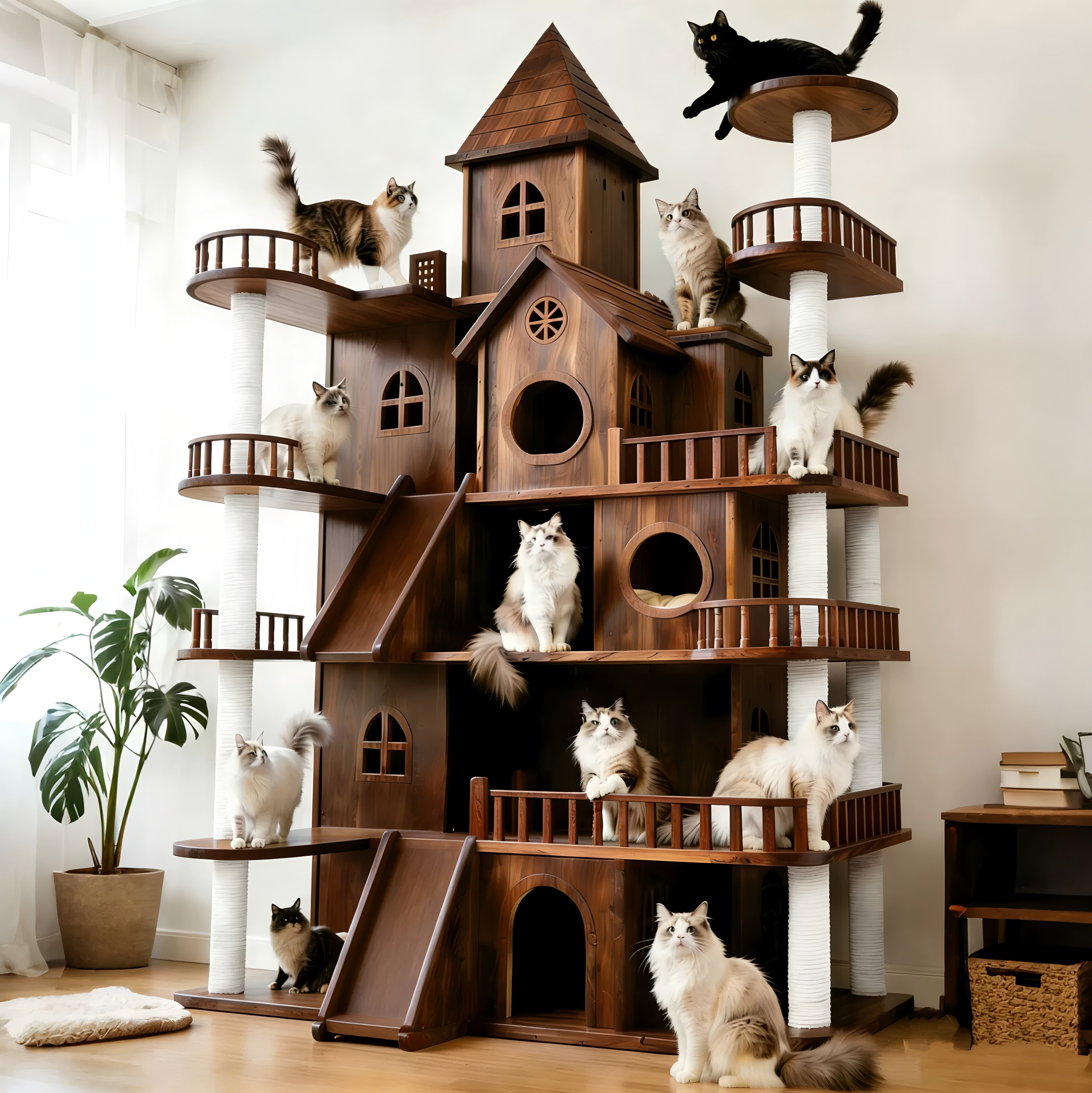 Solid Wood Cat Tree with Tunnel and Hammock