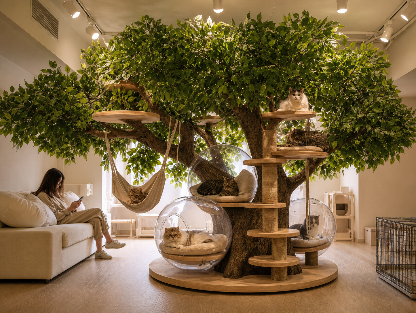 Round Base Cat Tree with Hammock and Glass Pods