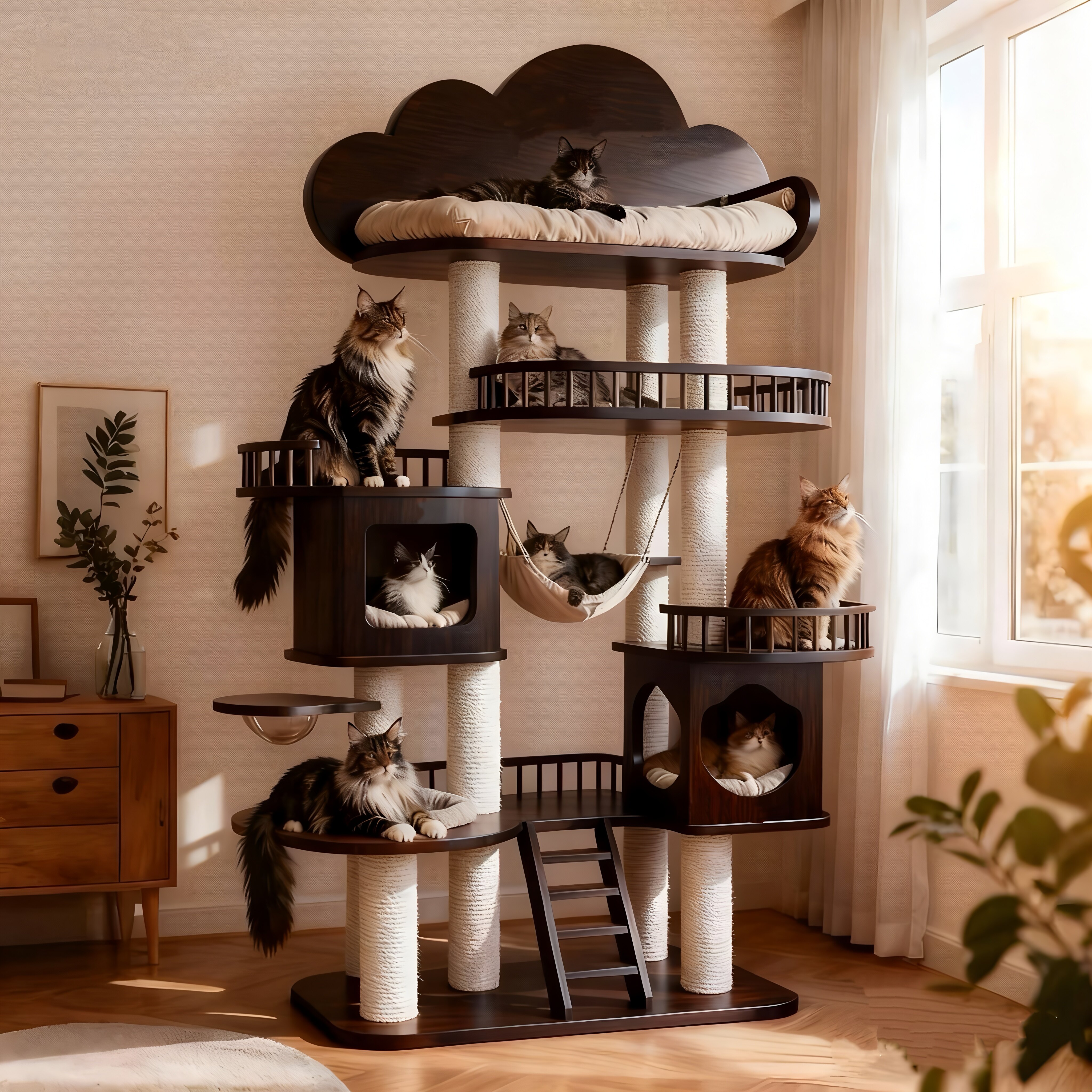 Solid Wood Cat Tree with Spiral Tower