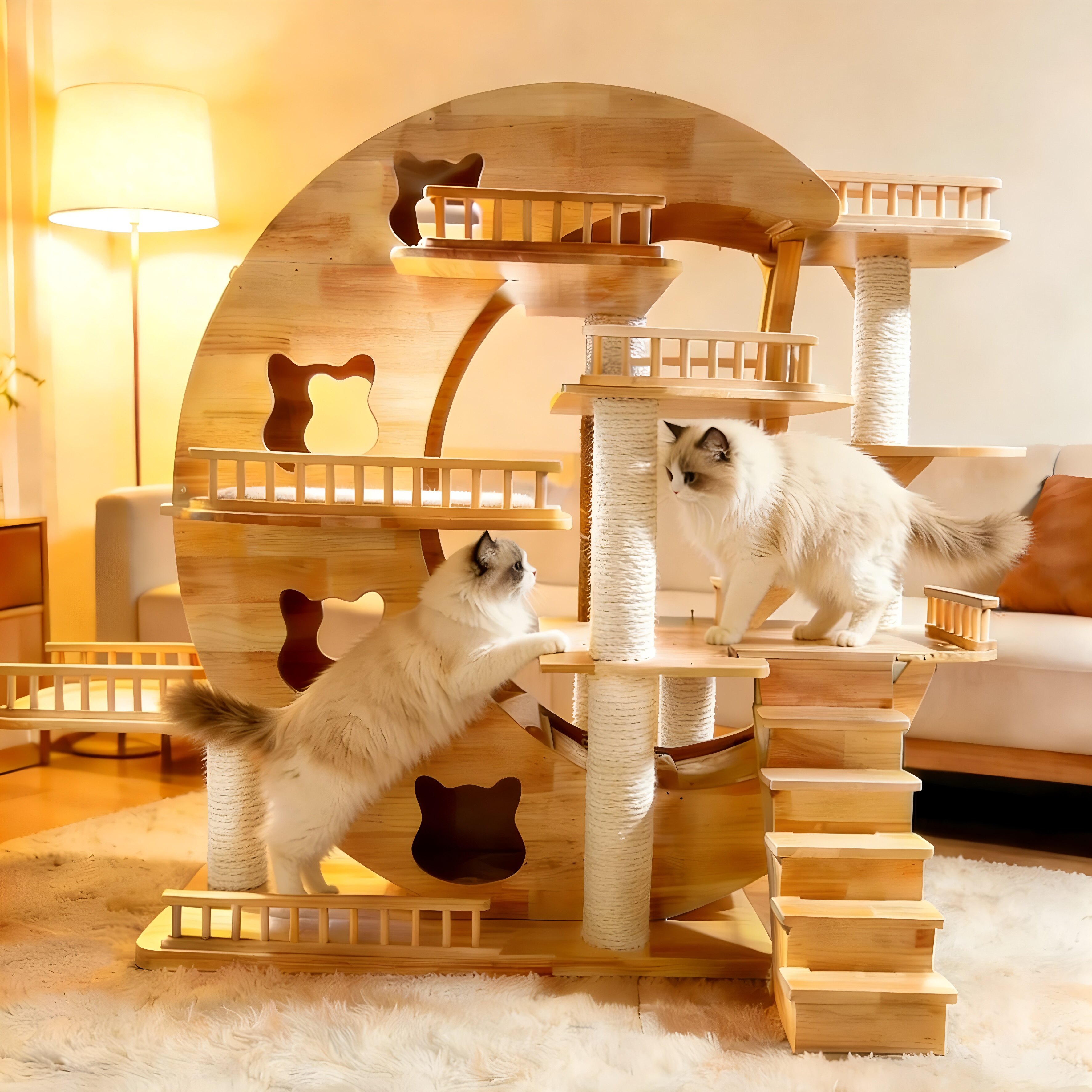 Solid Wood Cat Tree with Arch Bridge