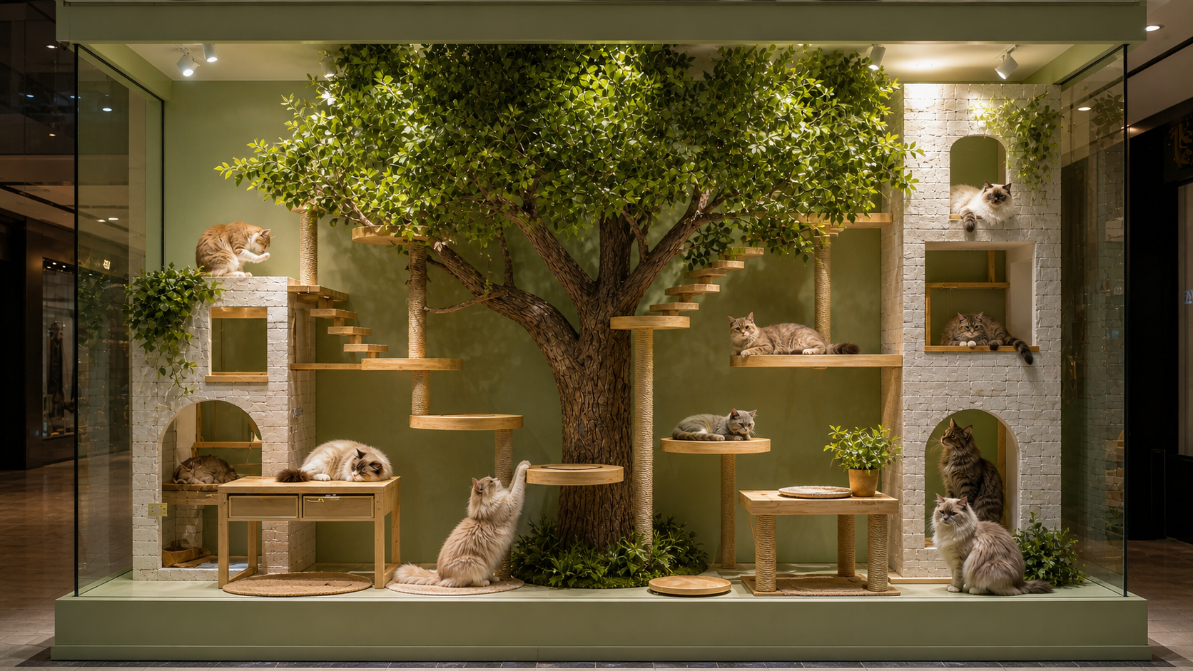 Display Cabinet Style Cat Tree with Green Background