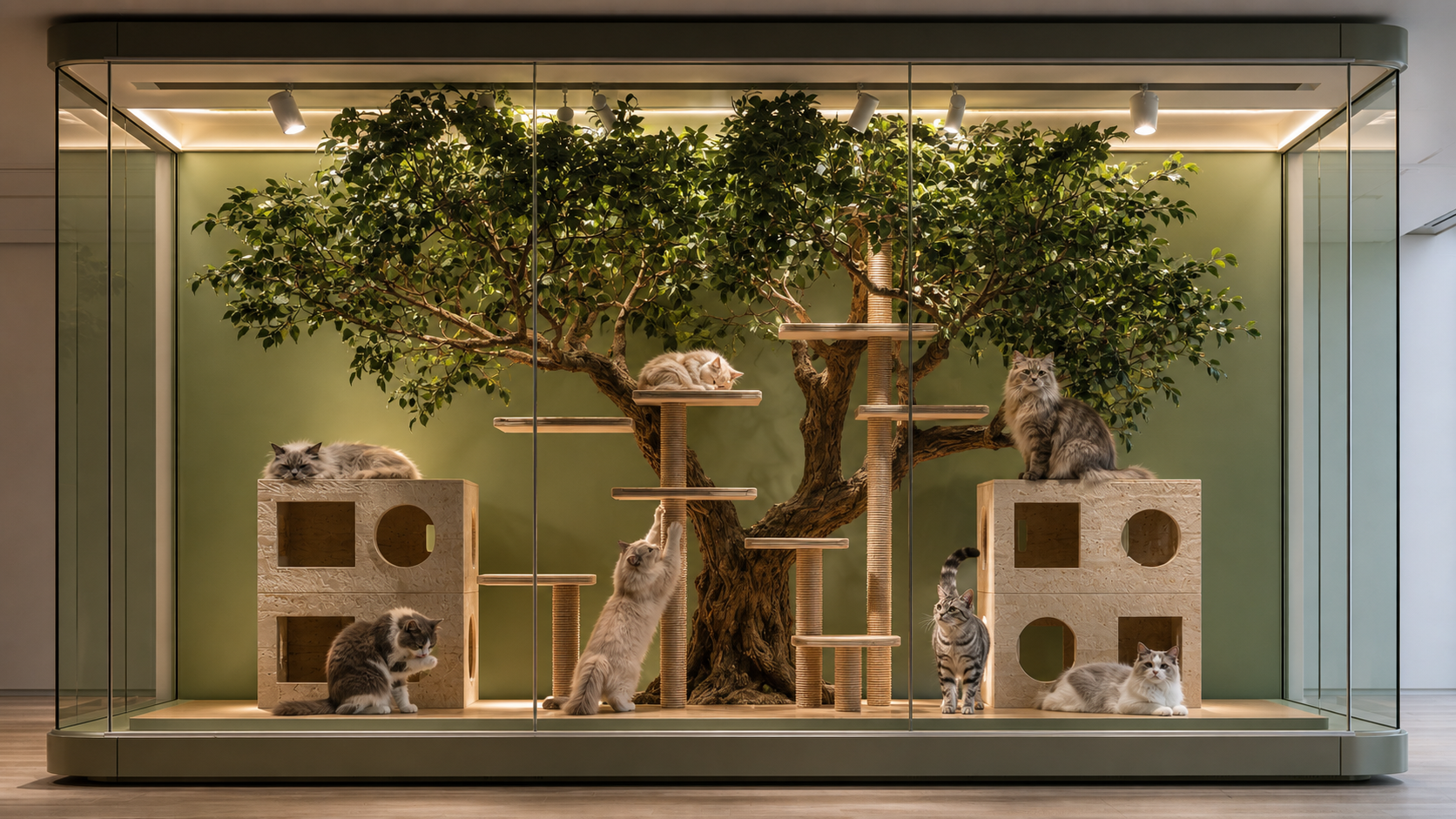 Glass Display Cabinet Cat Tree with Stone Cat Houses