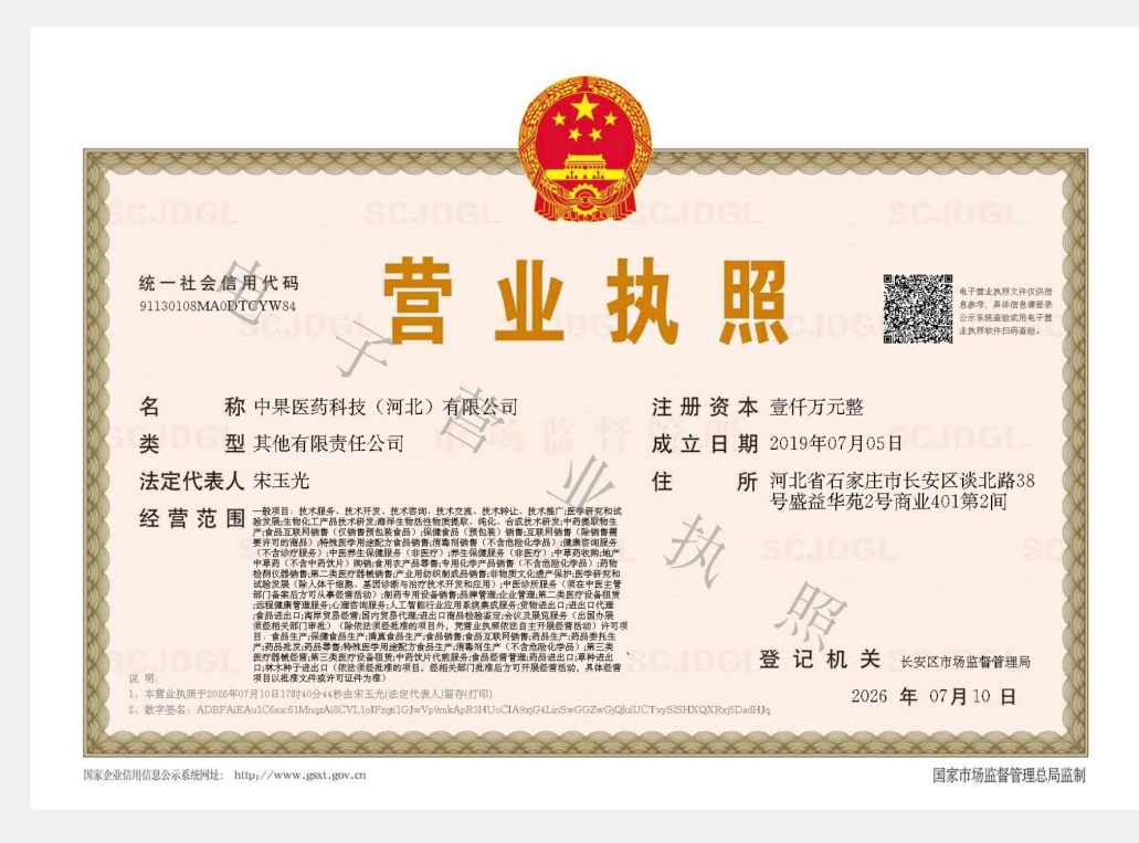 Business License of Zhongguo Pharmaceutical Technology (Hebei) Co., Ltd.
