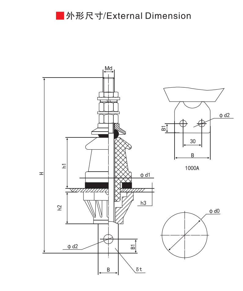 European EN Standard Sleeve: 1kV/250A~1250A - Product Dimension Drawing