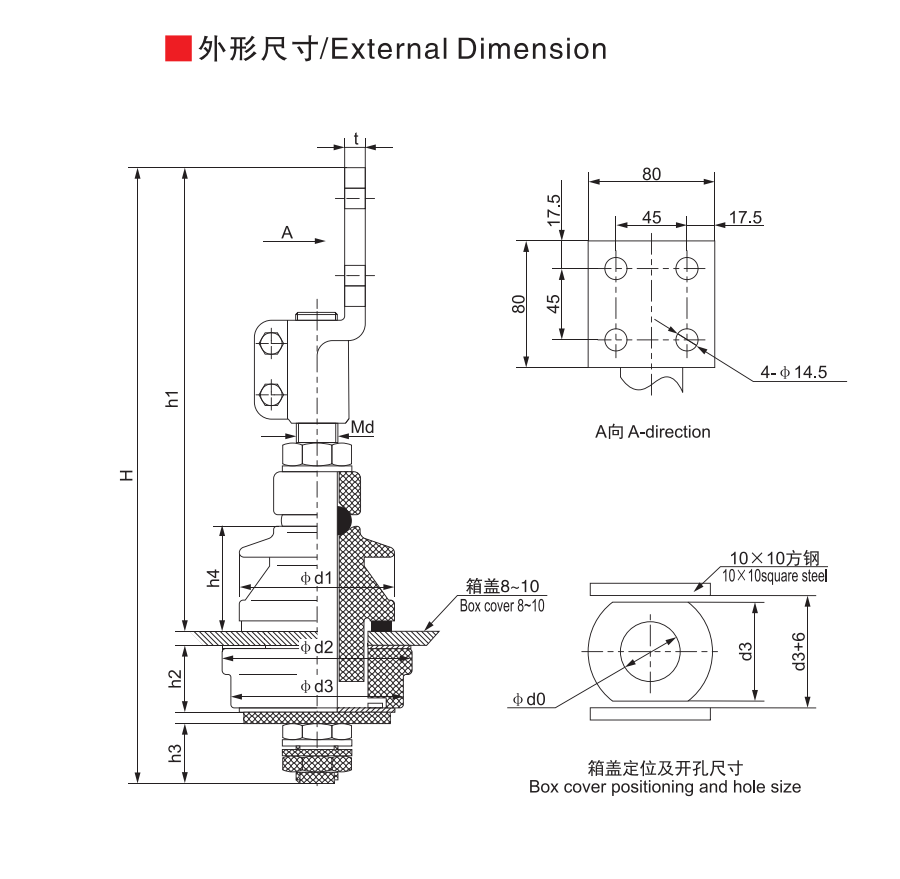 National Standard Sleeve: BF-1~3KV/800~1250A (Tail Rod Connection) - Product Dimension Drawing