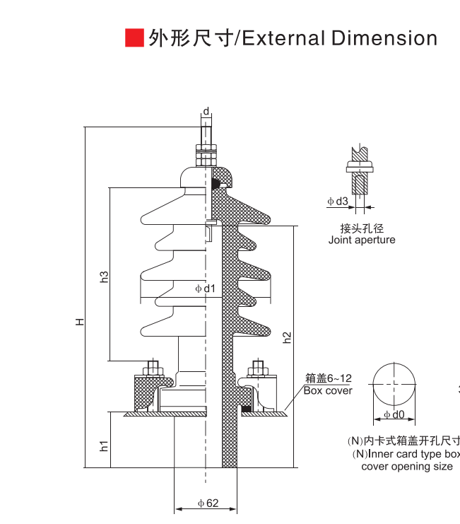Cable-through-type bushing: BJLW-20kV/50~600A - Product Dimension Drawings