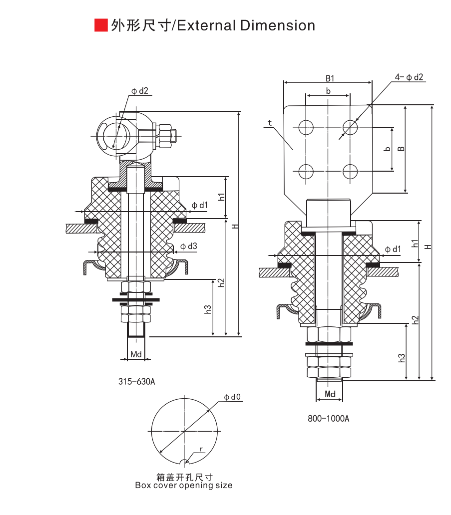 ANSI Standard Sleeve for 1kV: 315A~1000A - Product Dimension Drawing