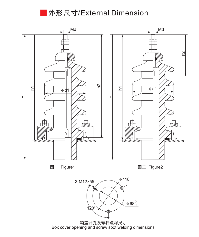 State Grid Bushing 10kV/100A – Product Dimension Drawings
