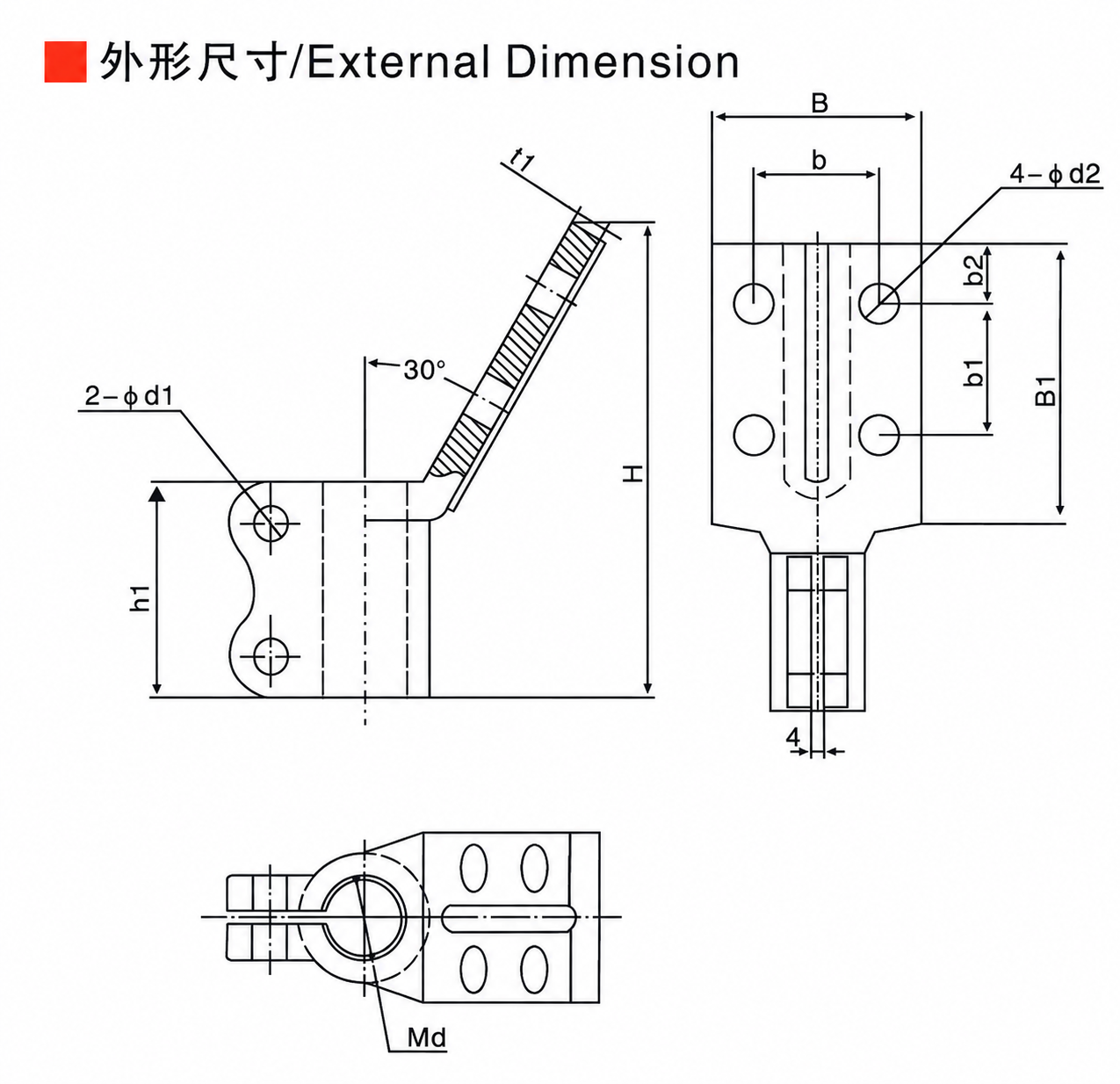 Copper30° (Double Compression) Terminal - Product Dimension Drawing