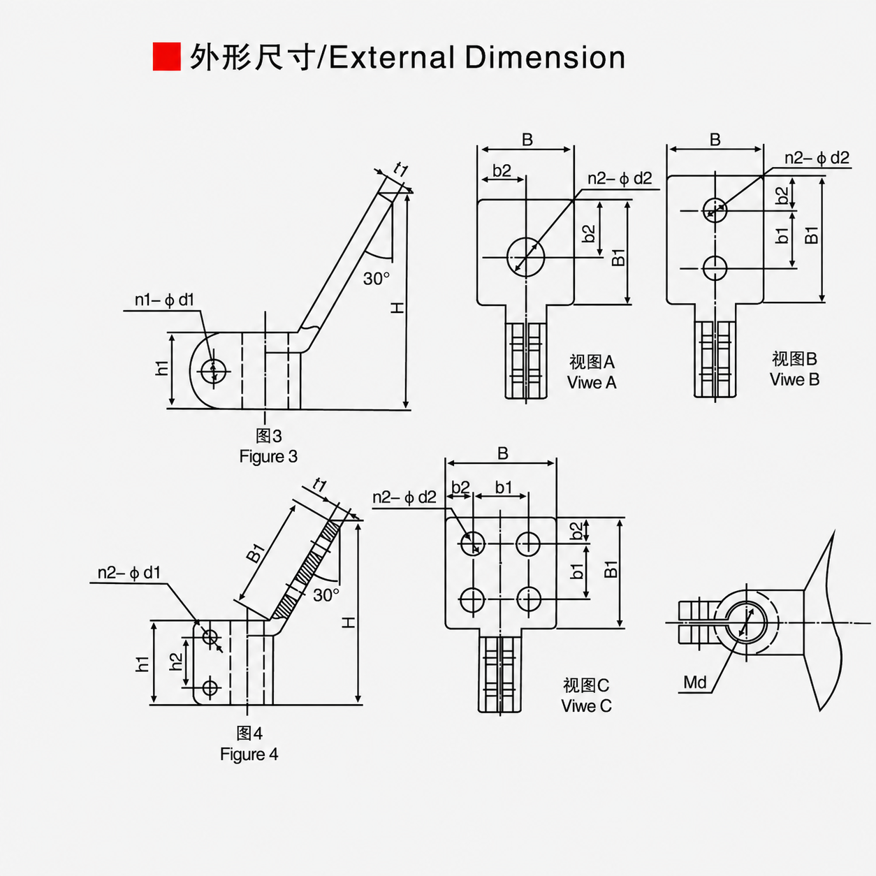 Copper 30° (Flat) Terminal Block - Product Dimensional Drawing