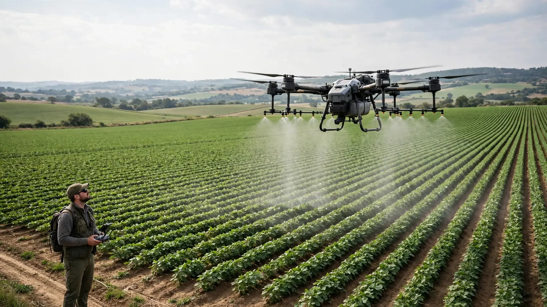 Agricultural spraying drone working over a crop field
