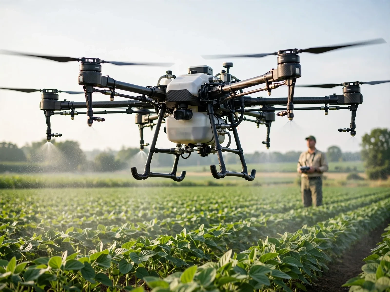 Agricultural spraying drone working over a crop field