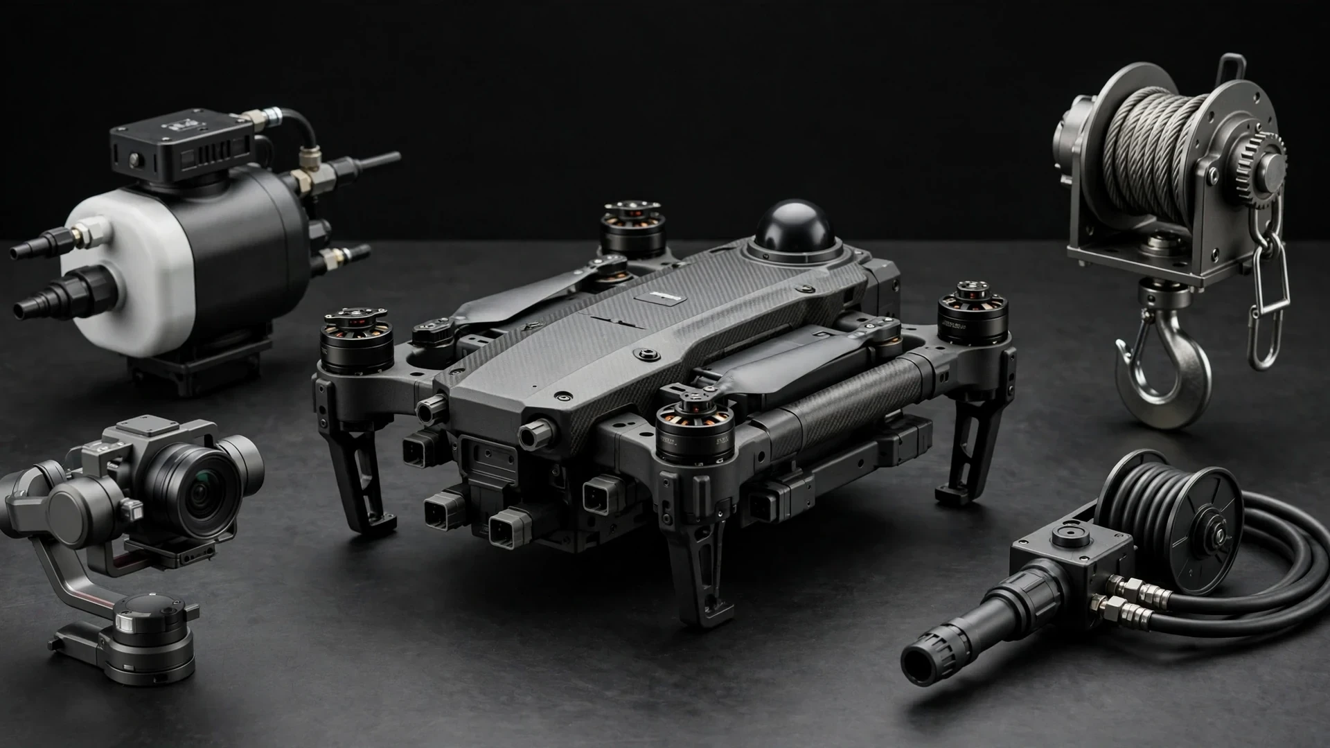 Drone assembly workbench with airframes, motors and components