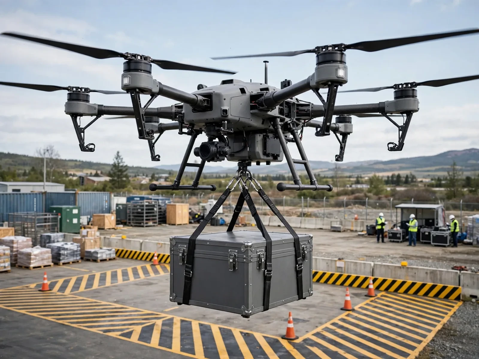 Heavy-lift cargo drone transporting supplies over mountainous terrain