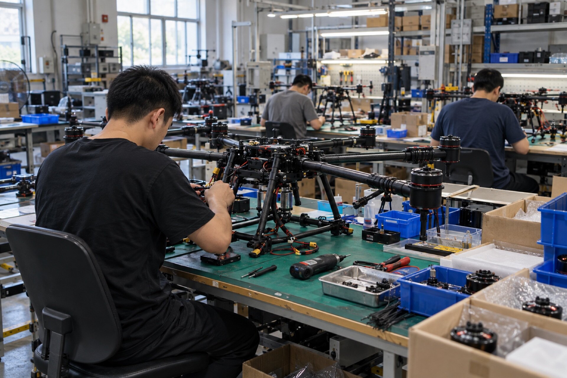 Drone assembly and configuration in a manufacturing facility