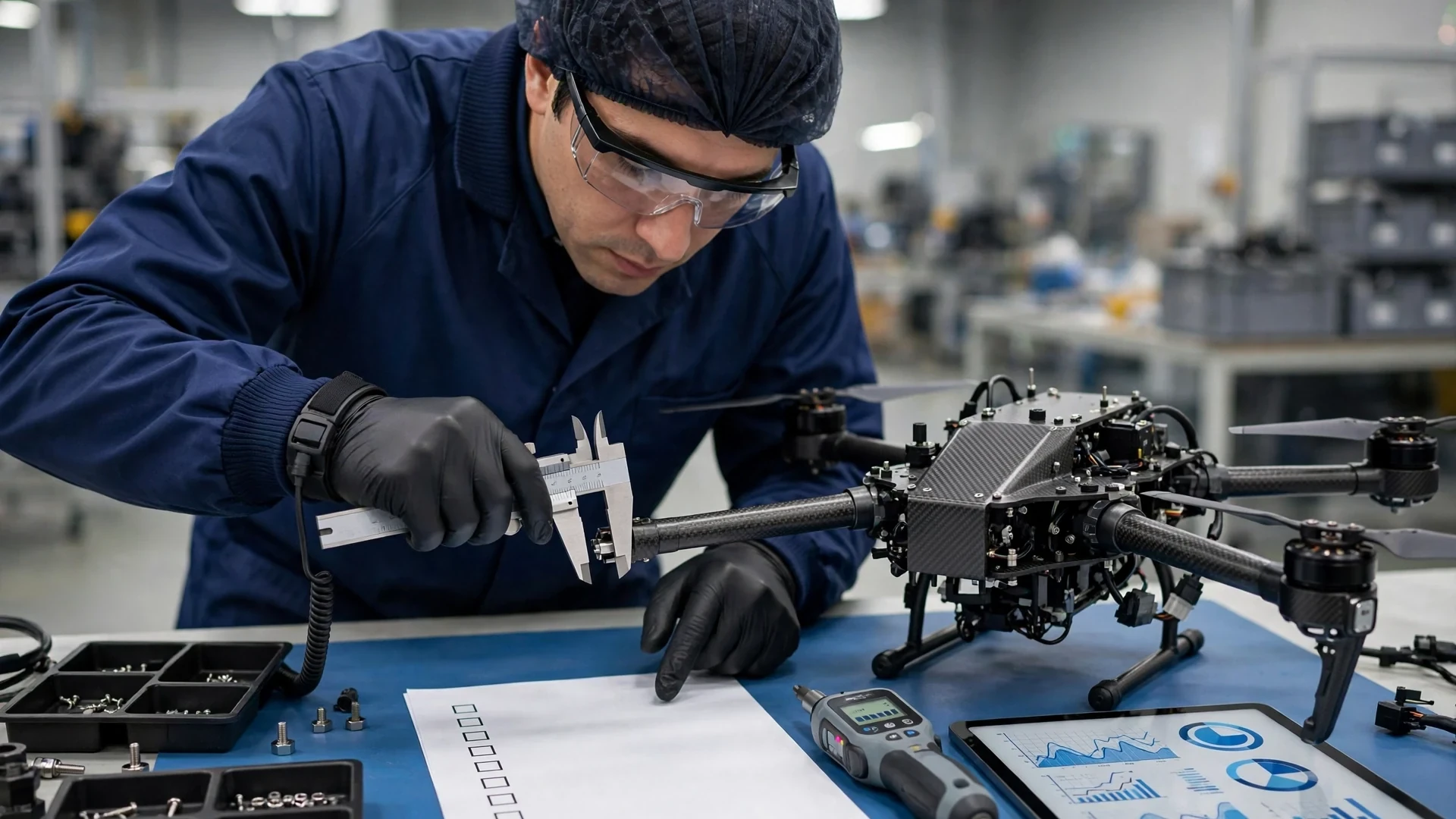 Quality inspection of a drone airframe and payload before shipment