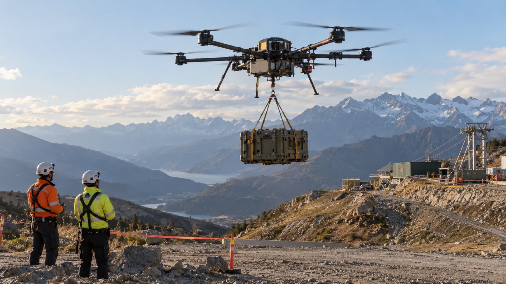 Heavy-lift cargo drone transporting supplies over mountainous terrain