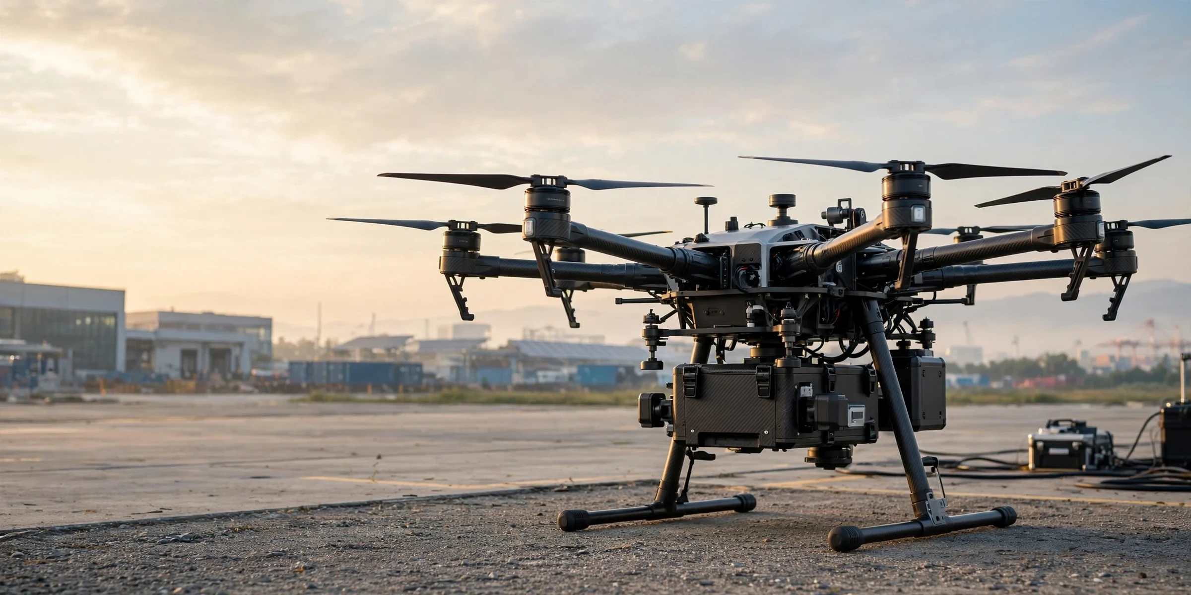 Agricultural spraying drone operating over a crop field