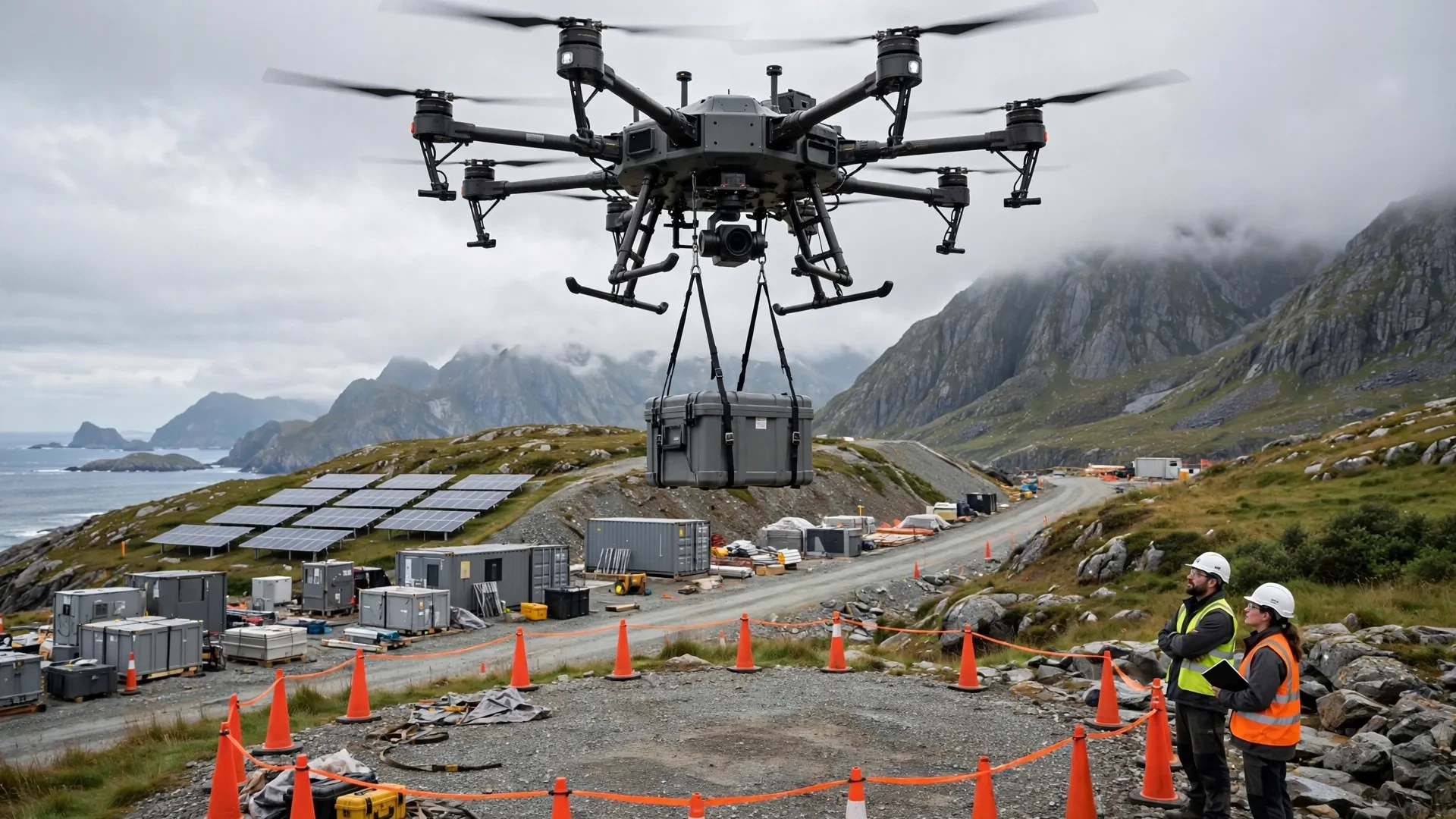 Heavy-lift cargo drone transporting supplies over mountainous terrain