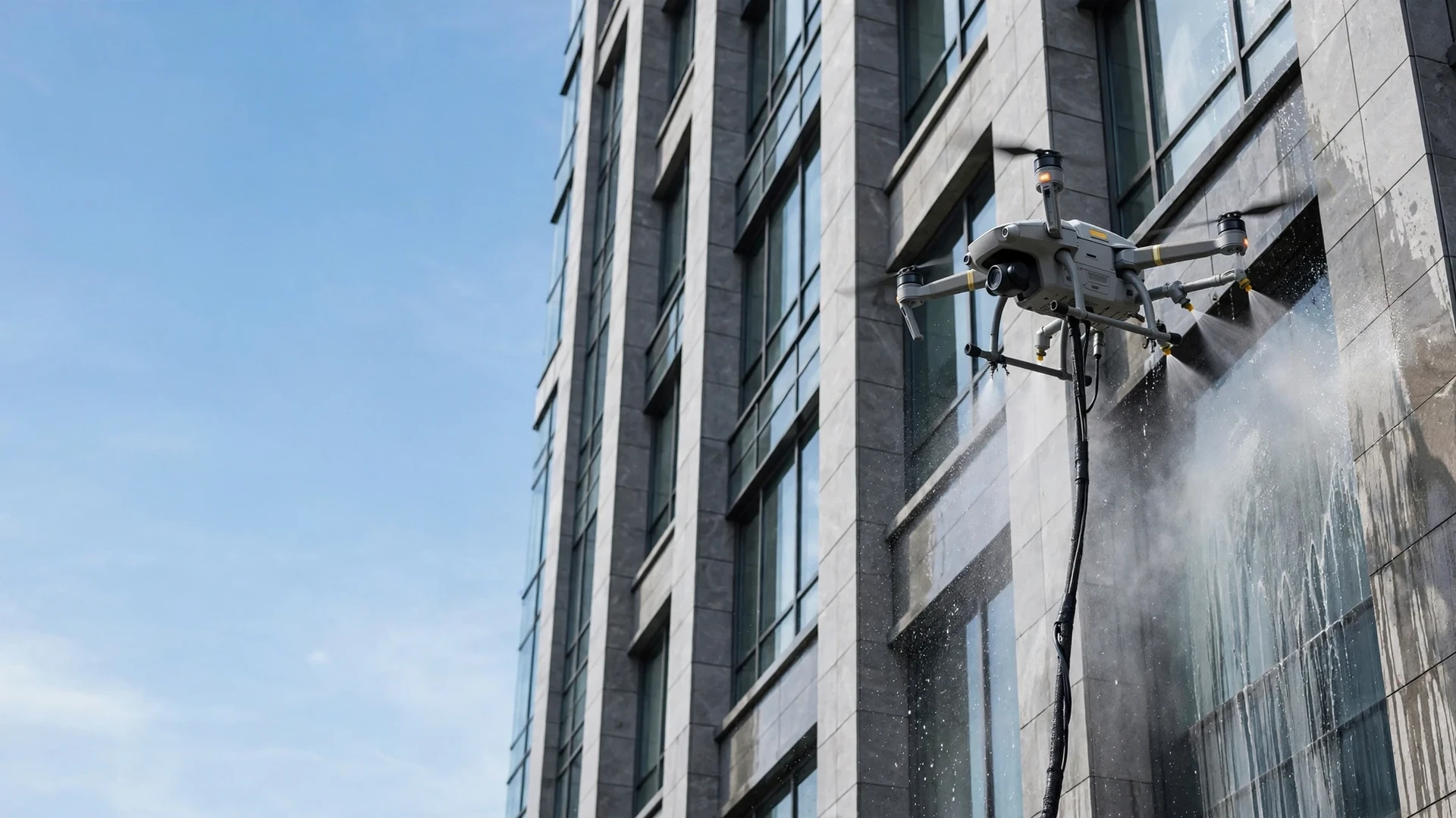 Industrial drone operating on an exterior cleaning mission