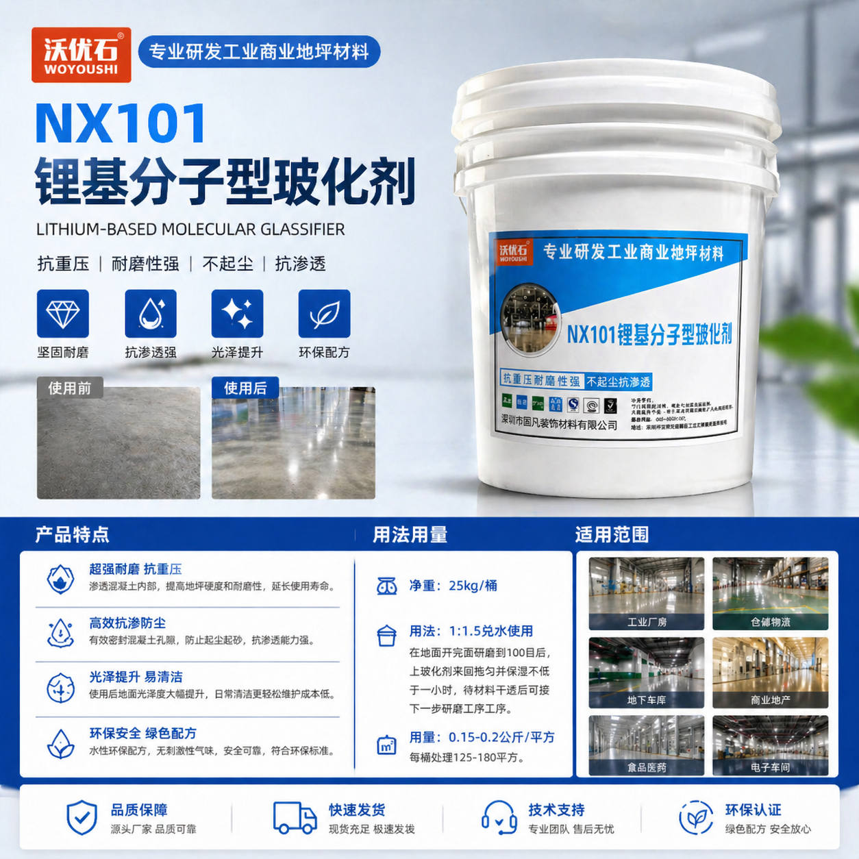 NX101 Lithium-Based Molecular Glass Hardener – Resists Heavy Loads, High Wear Resistance, Dust-Free, and Penetration-Resistant