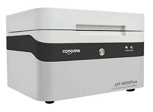 JXF-8000 能量色散 X 荧光光谱仪整机产品图，白色机身带提手与 X-Ray、Testing 状态指示灯