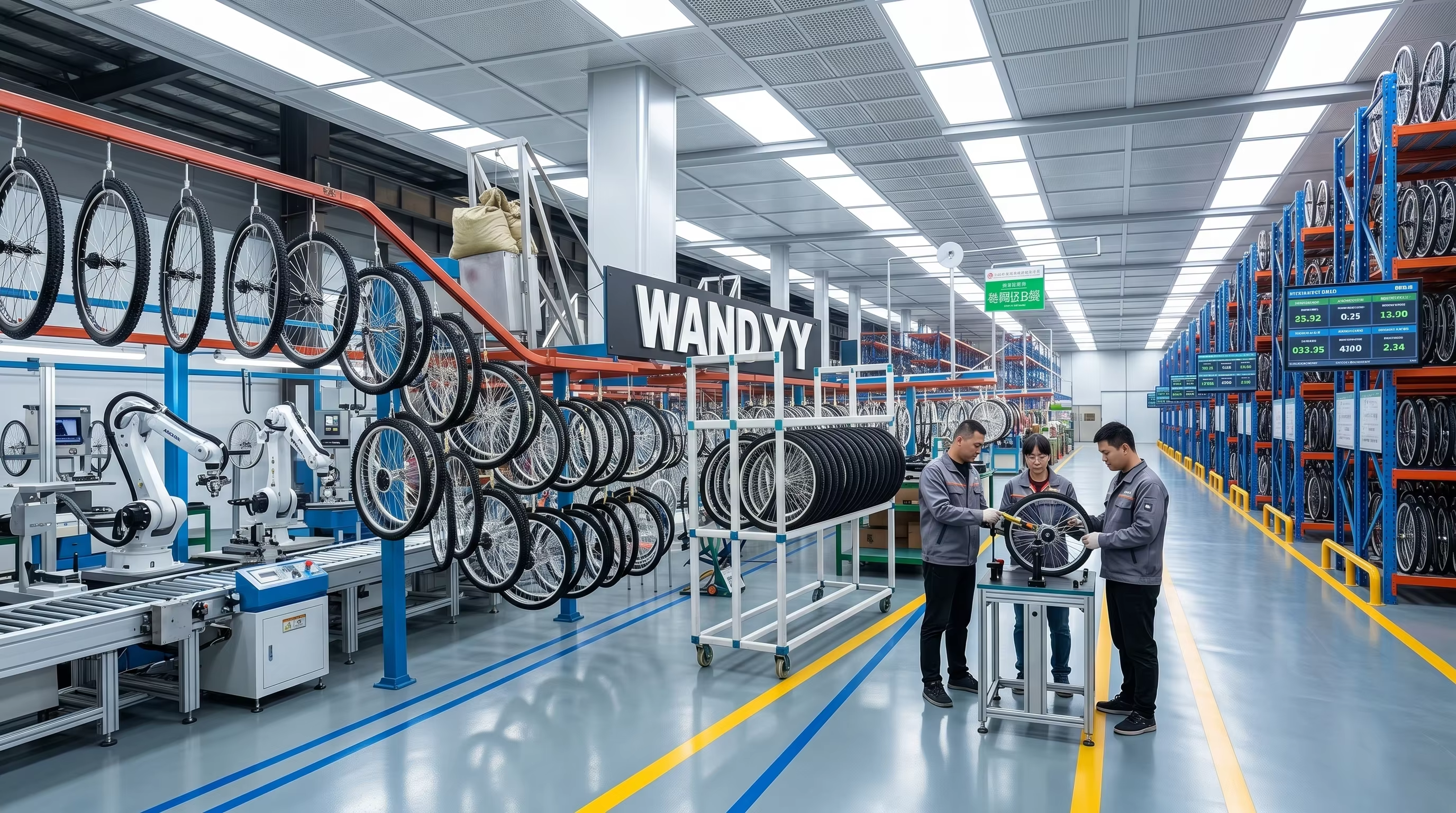 Bicycle wheel assembly line with workers