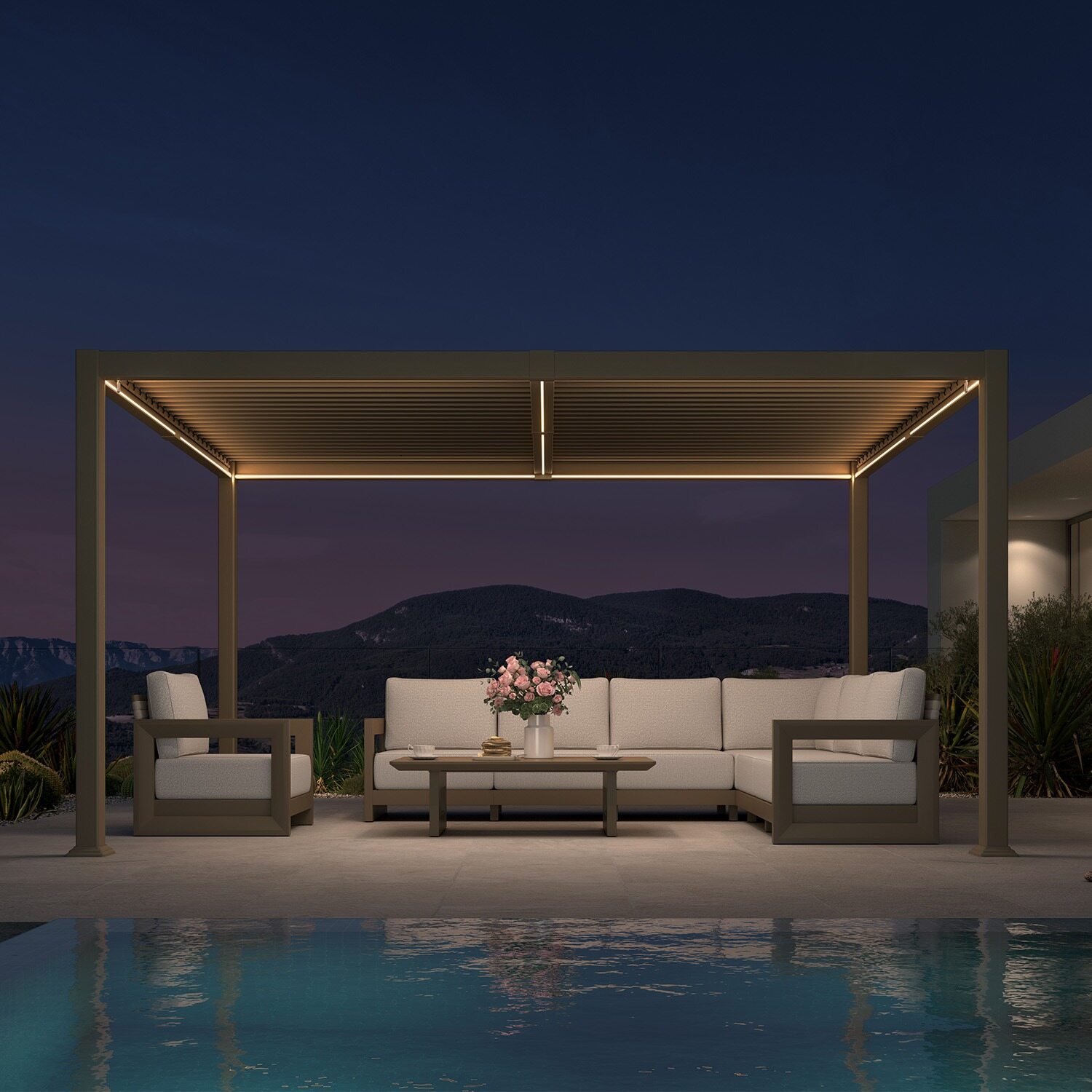 Luxury outdoor patio sofa set with pool and mountain view